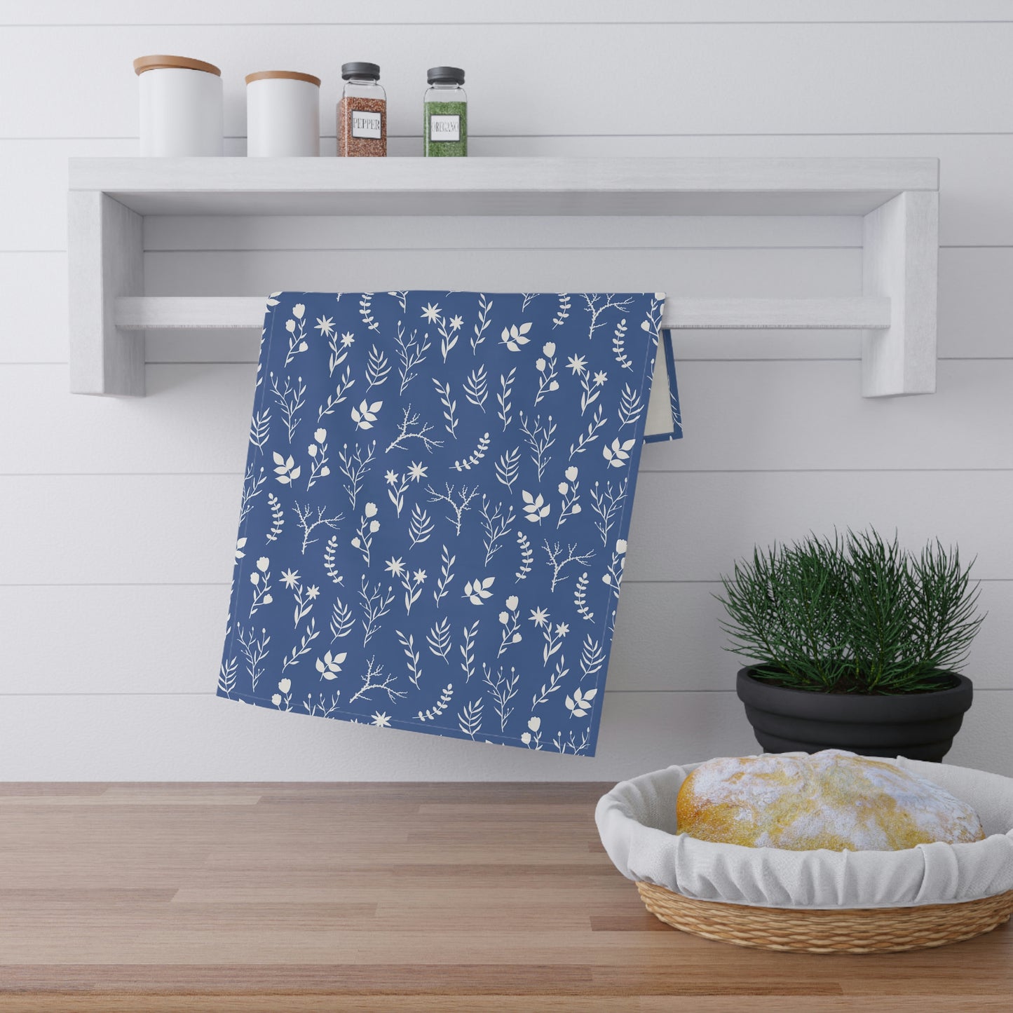Indigo Blue and White Floral Tea Towel