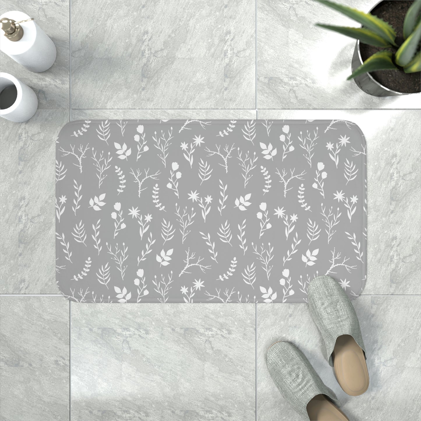 Grey and White Floral Print Bathmat | Modern Grey Floral Bathmat
