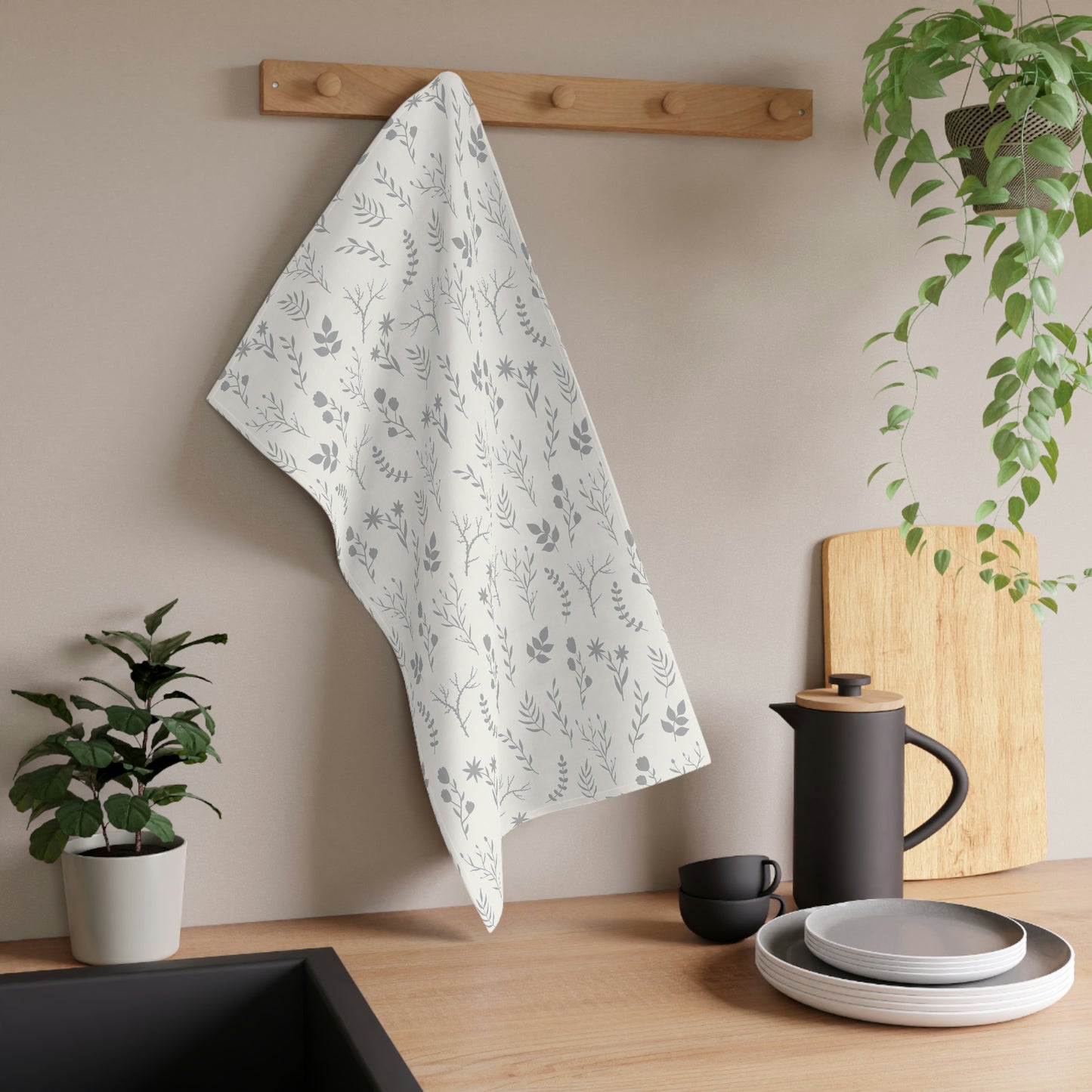 Grey and White Floral Dish Towel
