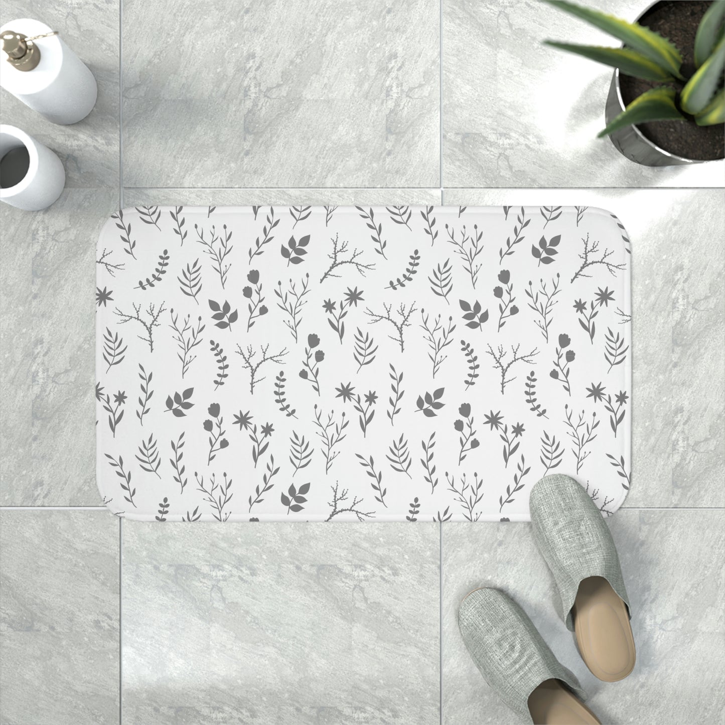 Grey and White Floral Print Bathmat | Luxury Grey Floral Anti-slip Bathmat