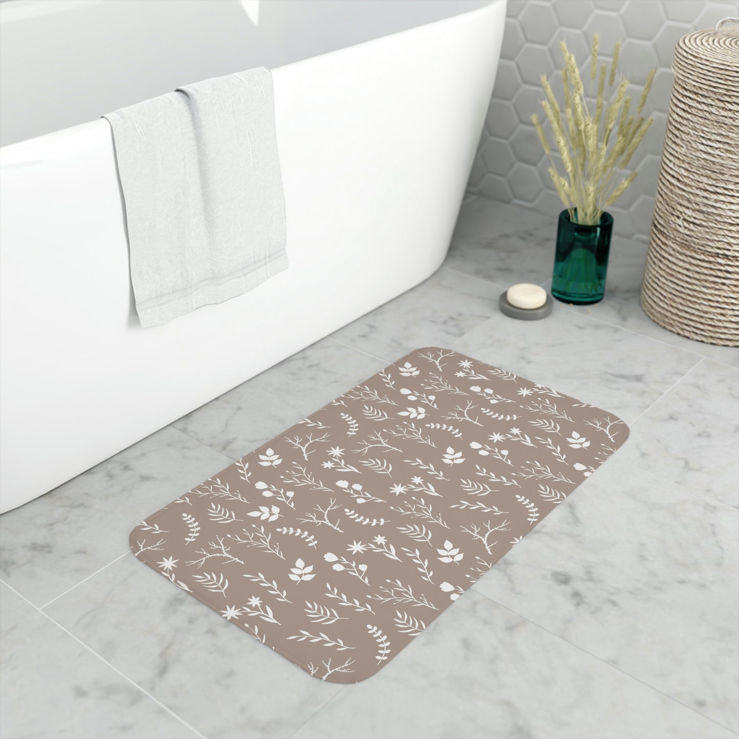 White and Taupe Floral Print Bathmat | Washable Anti-slip Floral Bathmat