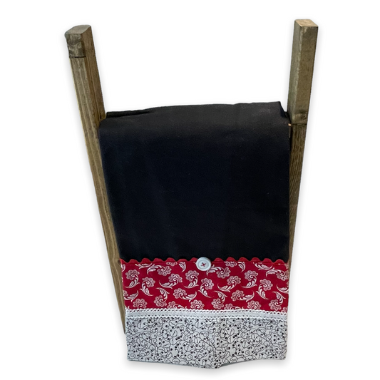Farmhouse dish towel. Black cotton toweling with quilting cotton accents. Featuring red Ric Rac, white polyester lace and button embellishments. Part of a mix and match farmhemian home accents decor line. Browse all the collections online. And be sure to tune into the Home Stitchery Decor YouTube Channel for fabulous fun farmhouse DIY Decor tutorials.