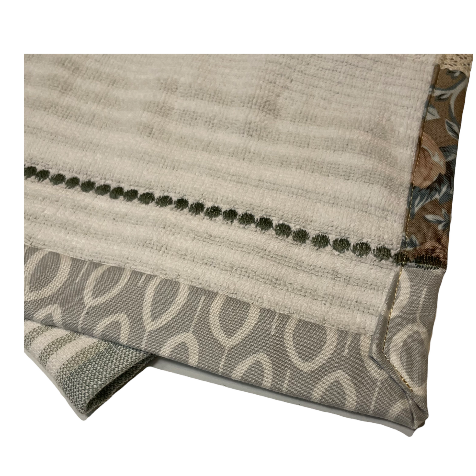 Farmhouse style dish towel. Farmhemian decor made easy with mix and match collections by Home Stitchery Decor. Grey french floral towel with cream cotton lace trim and embroidery stitching. Shop the entire collection or follow along on the Home Stitchery Decor YouTube Channel.