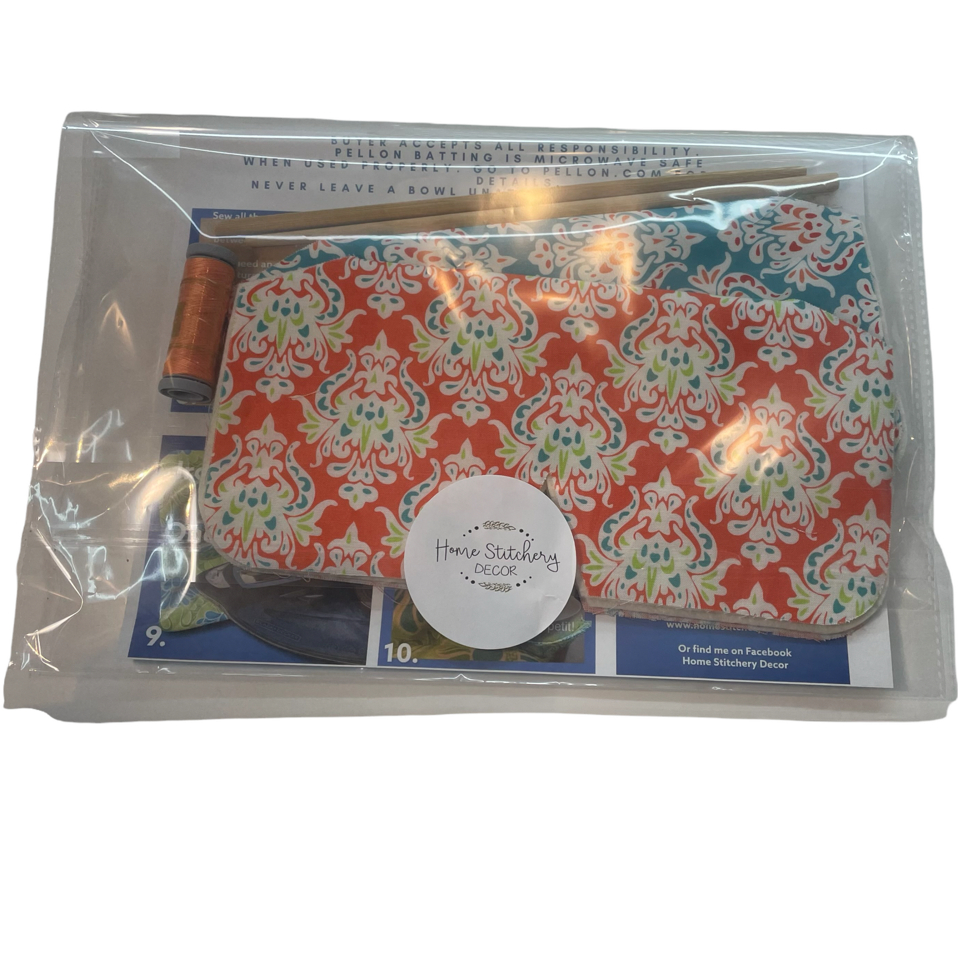 Sewing kit for beginners. Learn to sew a Microwave Soup Bowl Cozy. Featuring orange and teal fabric, cotton thread and Pellon Wrap and Zap batting. Purchase a sewing kit or the finished item from my website. Follow along with complete farmhouse fabulous tutorials on the Home Stitchery Decor YouTube Channel.