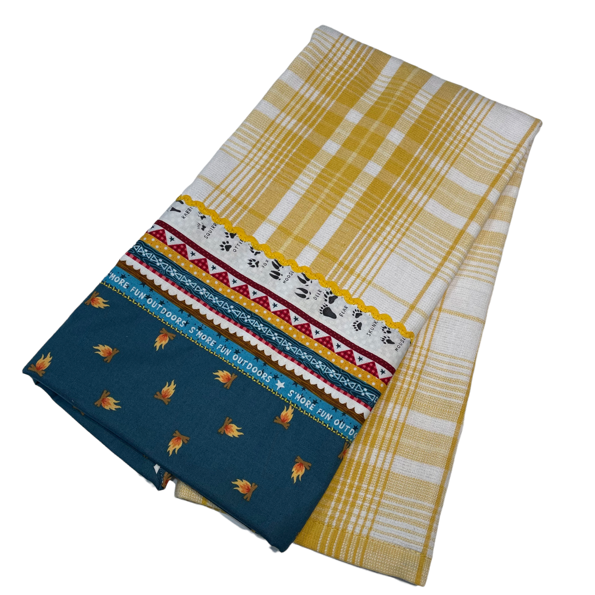 Yellow and Teal Glamping Tea Towel. Cute camping themed mix and match decor. Shop the entire collection and follow along on the Home Stitchery Decor YouTube Channel.