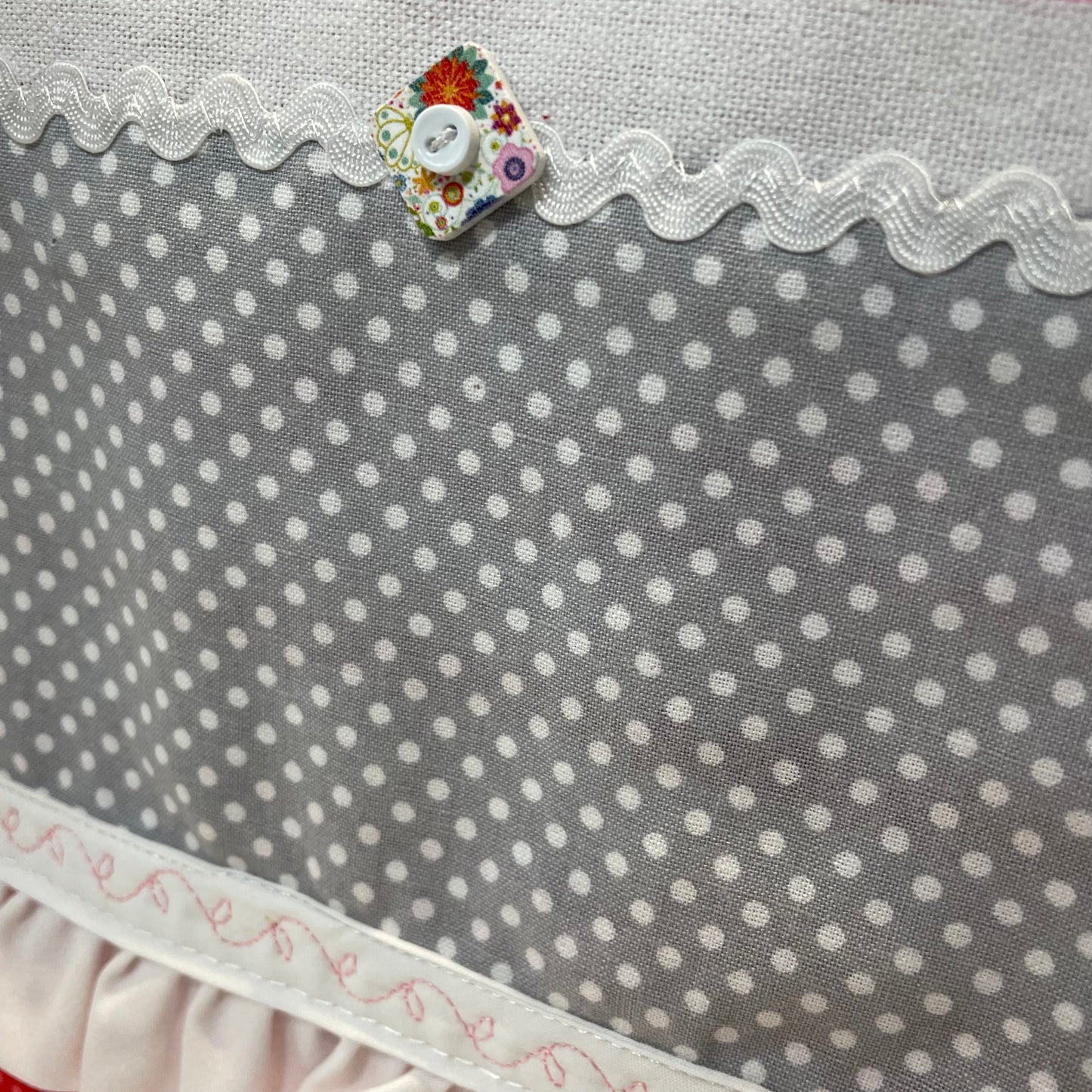 Cute red, white and pink towel with handcrafted quilting cotton accents. Featuring red Ric Rac, white Ric Rac and and heart shaped button. Part of a mix and match collection of coordinated kitchen and bath decor. Browse your favorites and be sure to follow along on the Home Stitchery Decor YouTube Channel