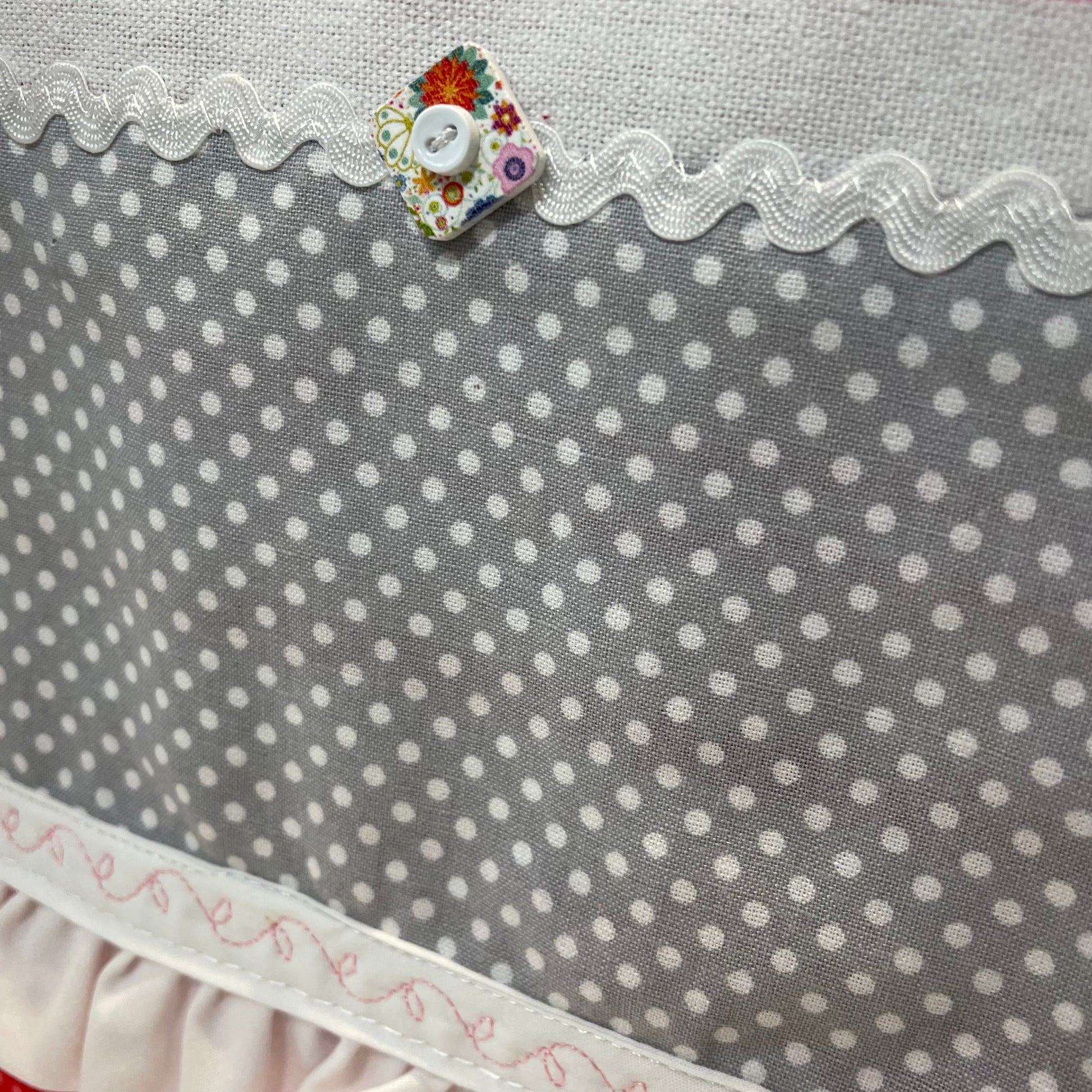 Cute red, white and pink towel with handcrafted quilting cotton accents. Featuring red Ric Rac, white Ric Rac and and heart shaped button. Part of a mix and match collection of coordinated kitchen and bath decor. Browse your favorites and be sure to follow along on the Home Stitchery Decor YouTube Channel