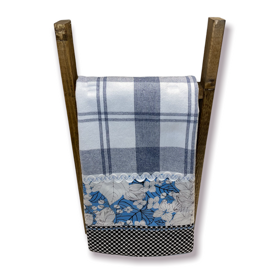 Blue and Black Decorative Dish Towel.  Farmhouse Styled Tea towels.  Part of a coordinated collection of kitchen decor by Home Stitchery Decor.  Shop the look or make your own with tutorials on DIY Farmhouse Decor on the Home Stitchery Decor YouTube Channel.