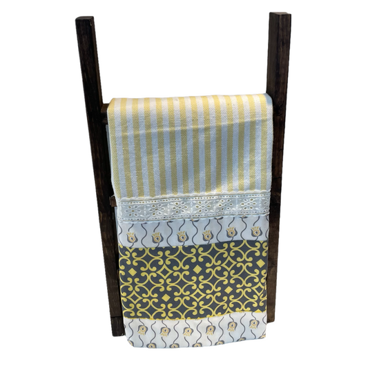 Yellow and White decorative Tea Towel. - Home Stitchery Decor