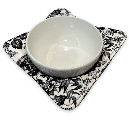 Soup bowl Cozy. Microwave Bowl Cozy. Reversible soup bowl Cozy. Shop the mix and match collection of handcrafted farmhouse style linens. Or follow along on the Home Stitchery Decor YouTube Channel Soup Bowl Cozy sewing tutorial. Made with 100% quilting cotton, Pellon Wrap and Zap batting and 100% cotton thread.  Black and white flowered soup cozy.
