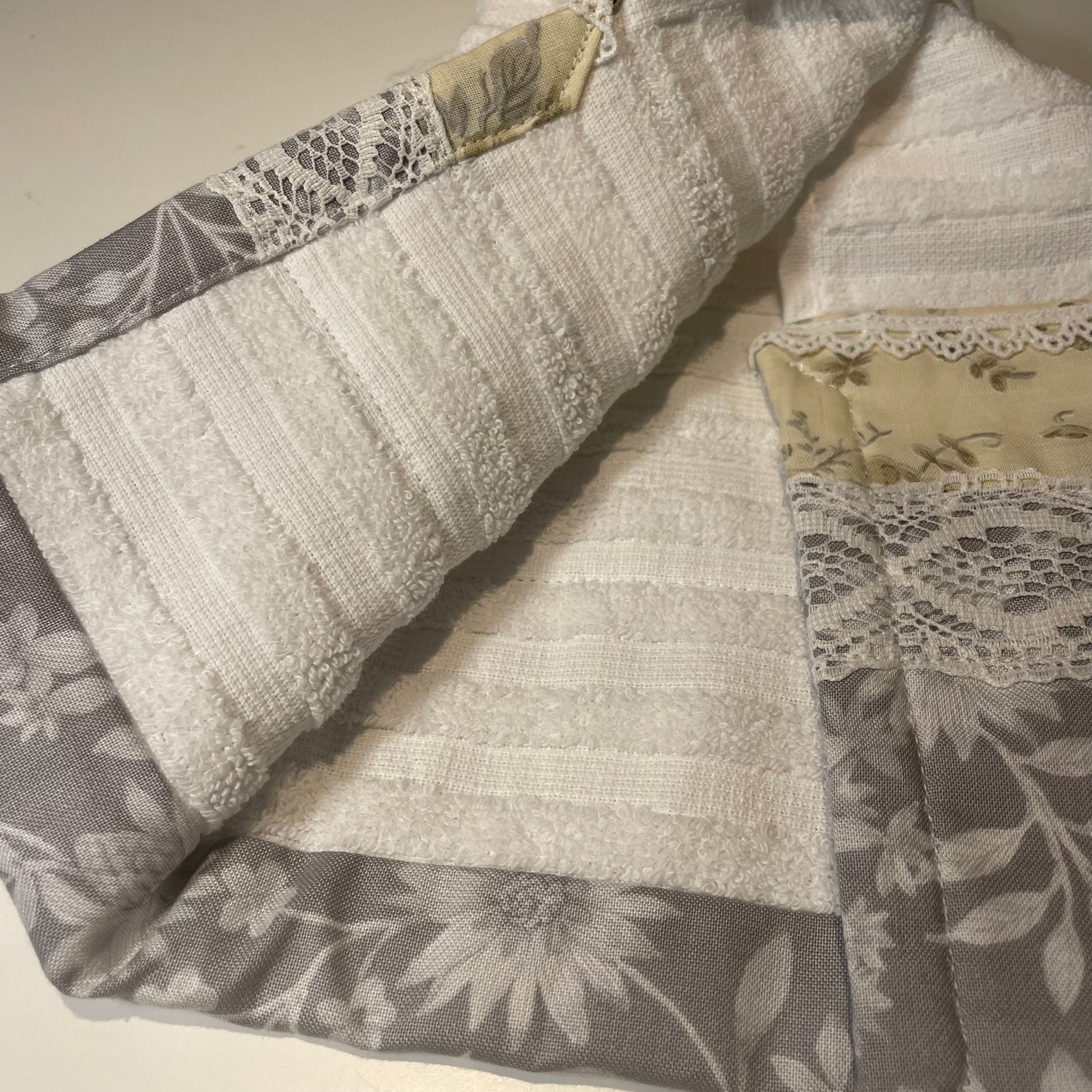 Grey and White Handmade Modern Farmhouse Tea Towel. Part of a mix and match collection of coordinating farmhouse home decor. Check it out at Home Stitchery Decor and be sure to check out the Home Stitchery Decor YouTube Channel