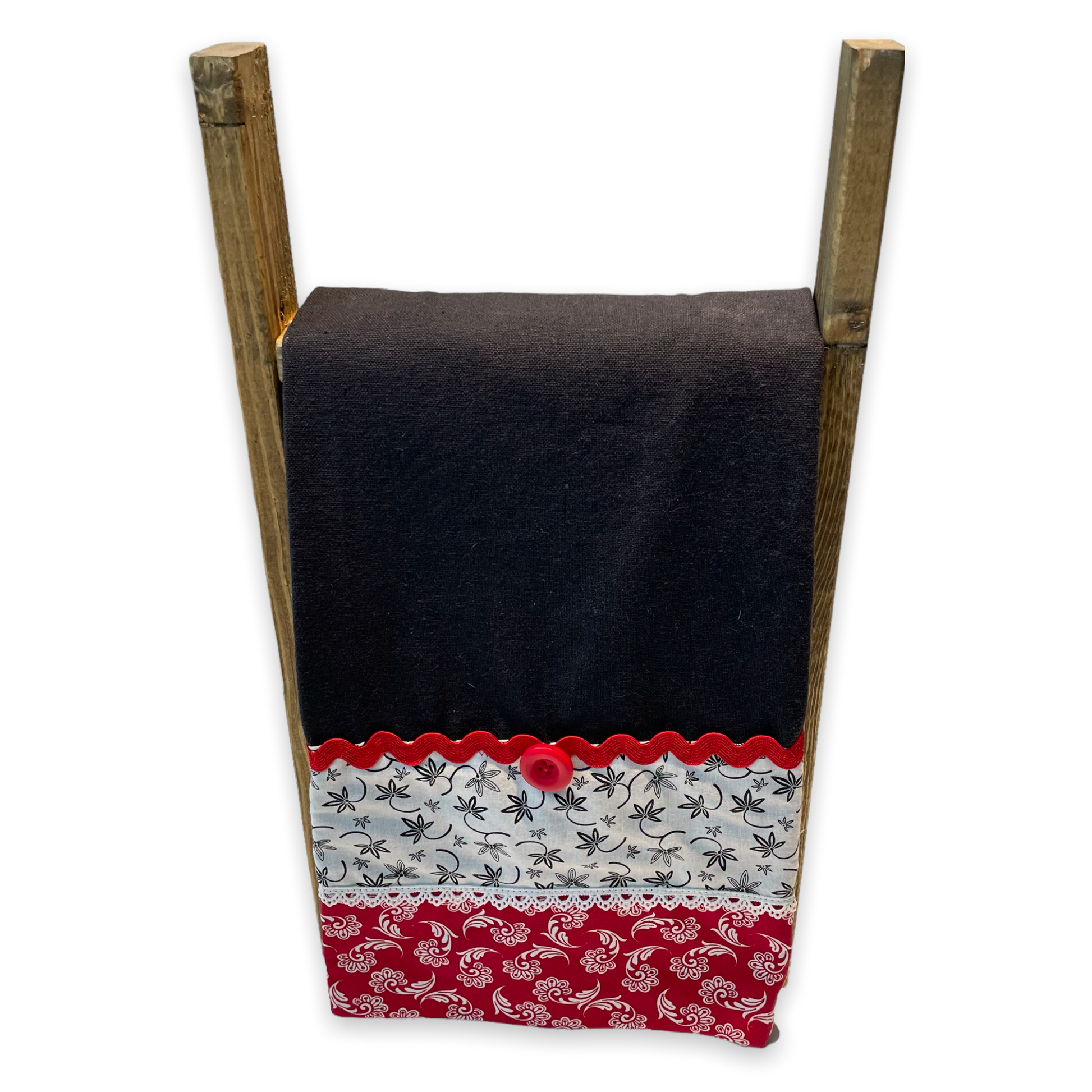 Farmhouse dish towel. Black cotton toweling with quilting cotton accents. Featuring red Ric Rac, white delicatepolyester lace and button embellishments. Part of a mix and match farmhemian home accents decor line. Browse all the collections online. And be sure to tune into the Home Stitchery Decor YouTube Channel for fabulous fun farmhouse DIY Decor tutorials.