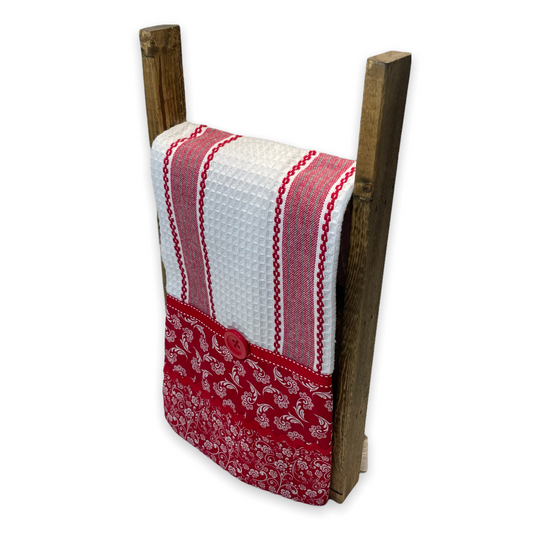 Country Style Red and White Dish Towel. Red and white toweling with quilt cotton, ribbon and button embellishments. Part of a mix and match collection. Browse all the products and follow along on the Home Stitchery Decor YouTube Channel.