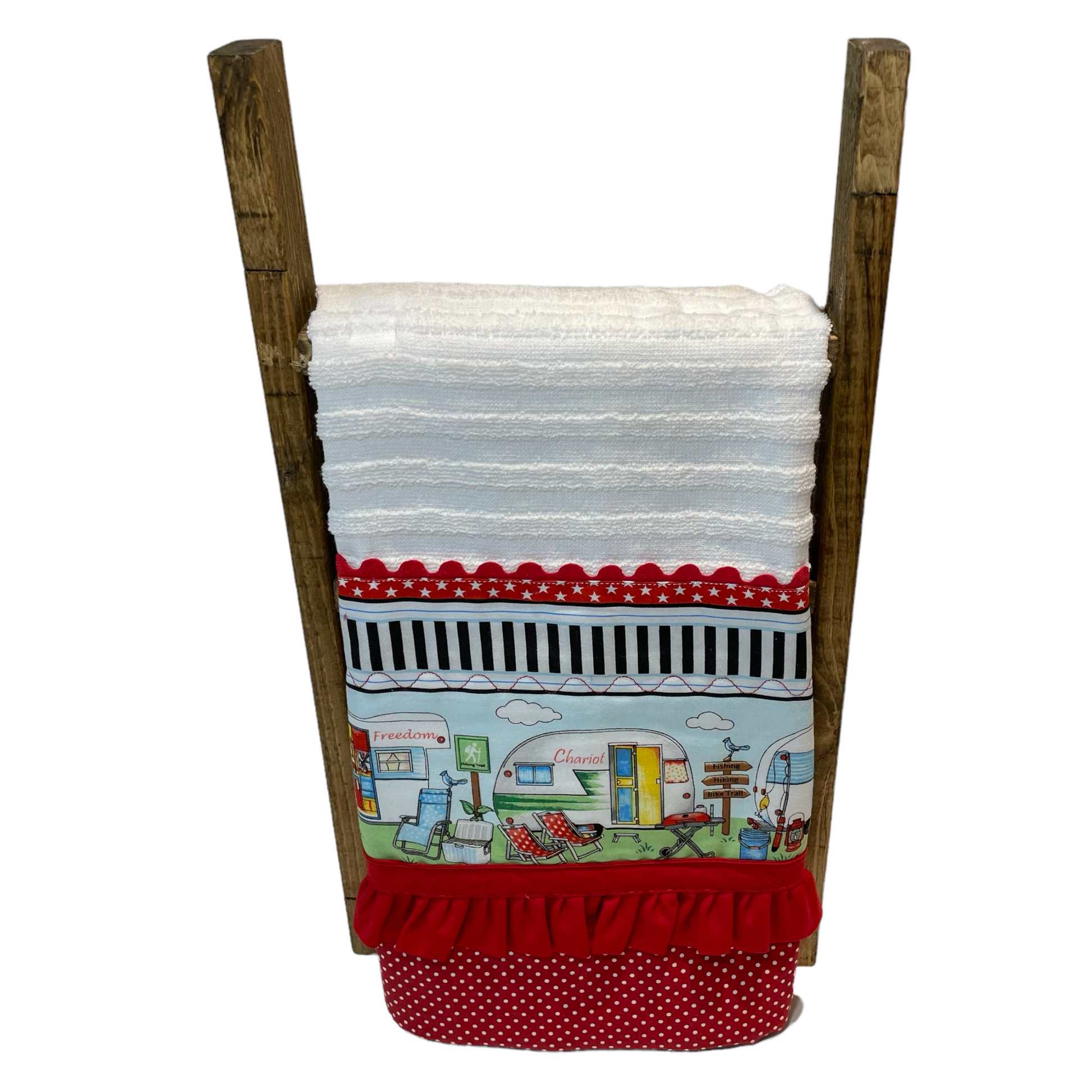 Glaming Decor Idea. Dress up your RV, Travel Trailer or Cabin with cute dish towles featuring retro campers. Super soft white textured towel with red, white and black details. Handcrafted in Canada. Part of a collection of coordinating decor items. Shop the entire collection online. Find me at a local Farmers Market or follow along on the Home Stitchery Decor YouTube Channel. 