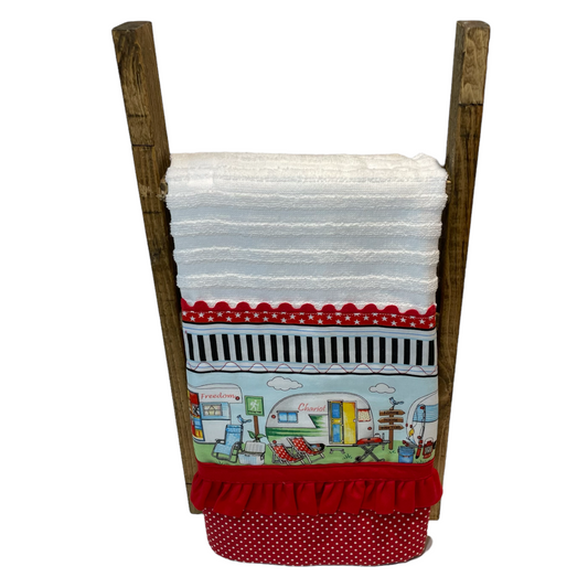 Glaming Decor Idea. Dress up your RV, Travel Trailer or Cabin with cute dish towles featuring retro campers. Super soft white textured towel with red, white and black details. Handcrafted in Canada. Part of a collection of coordinating decor items. Shop the entire collection online. Find me at a local Farmers Market or follow along on the Home Stitchery Decor YouTube Channel. 