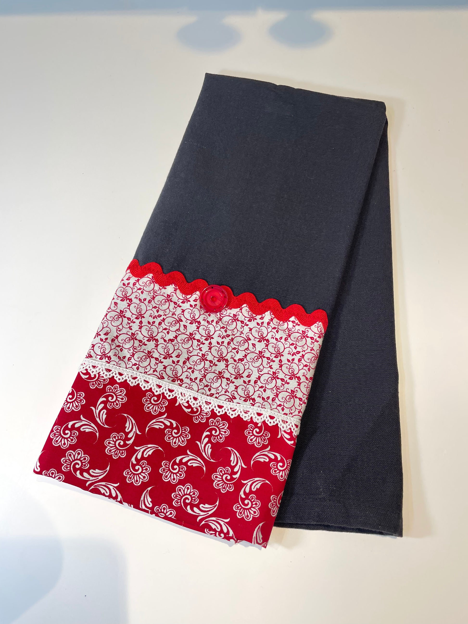 Red and Black Country Kitchen Dish Towel | Handmade Tea Towel - Home Stitchery Decor