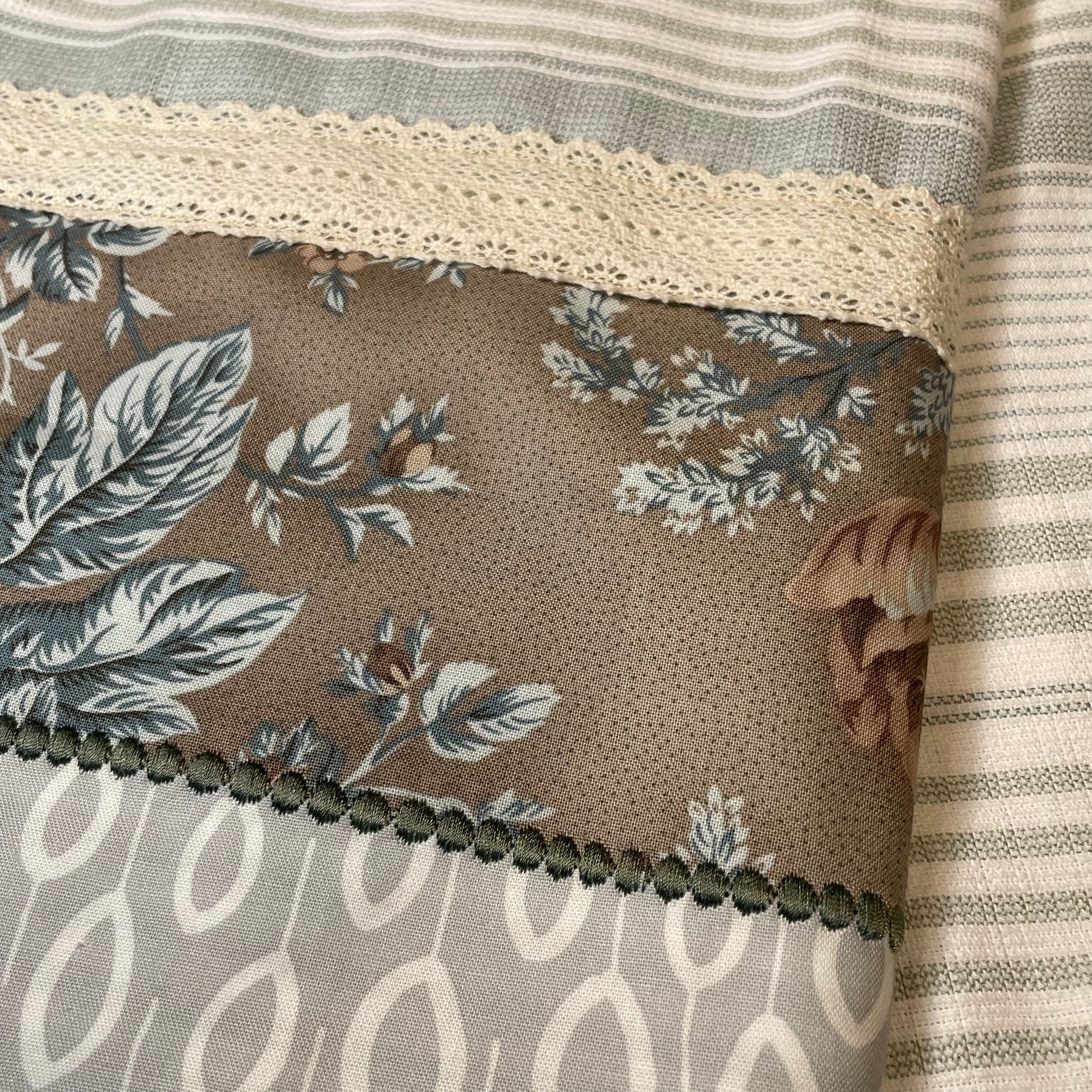 Farmhouse style dish towel. Farmhemian decor made easy with mix and match collections by Home Stitchery Decor. Grey french floral towel with cream cotton lace trim and embroidery stitching. Shop the entire collection or follow along on the Home Stitchery Decor YouTube Channel.