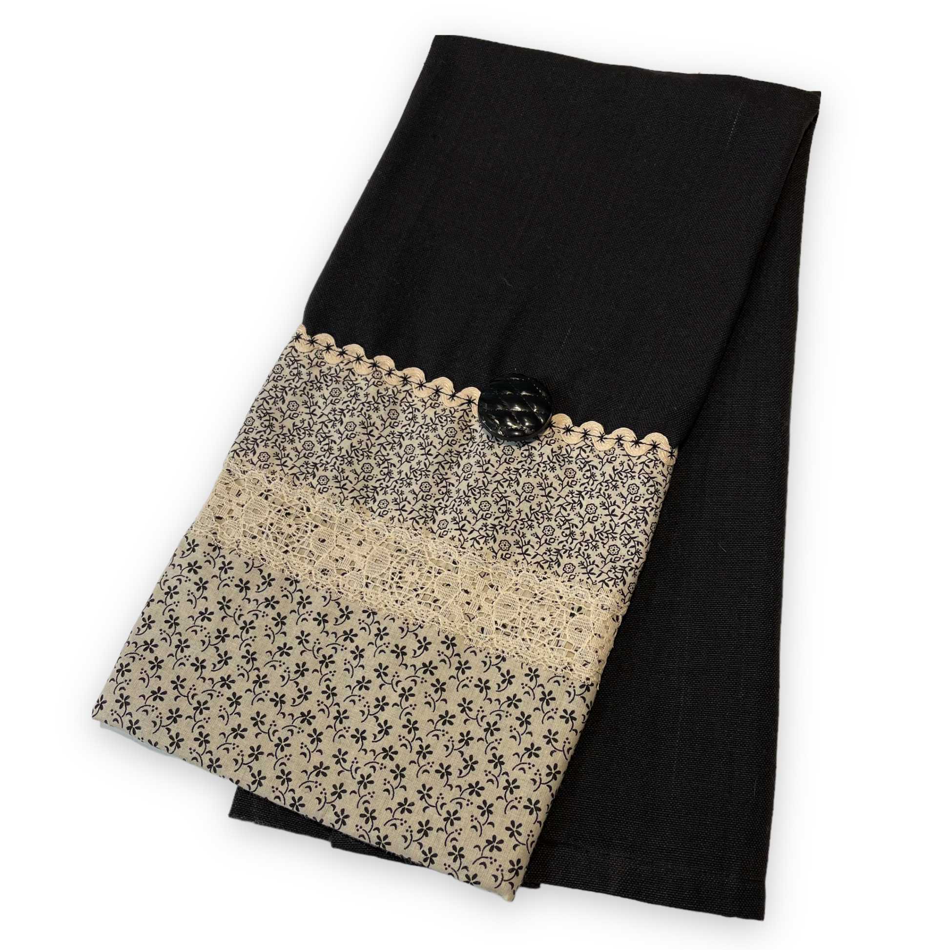 Black and Cream Modern Farmhouse Tea Towel, Decorative Black with Cream Accents Dish Towel - Home Stitchery Decor