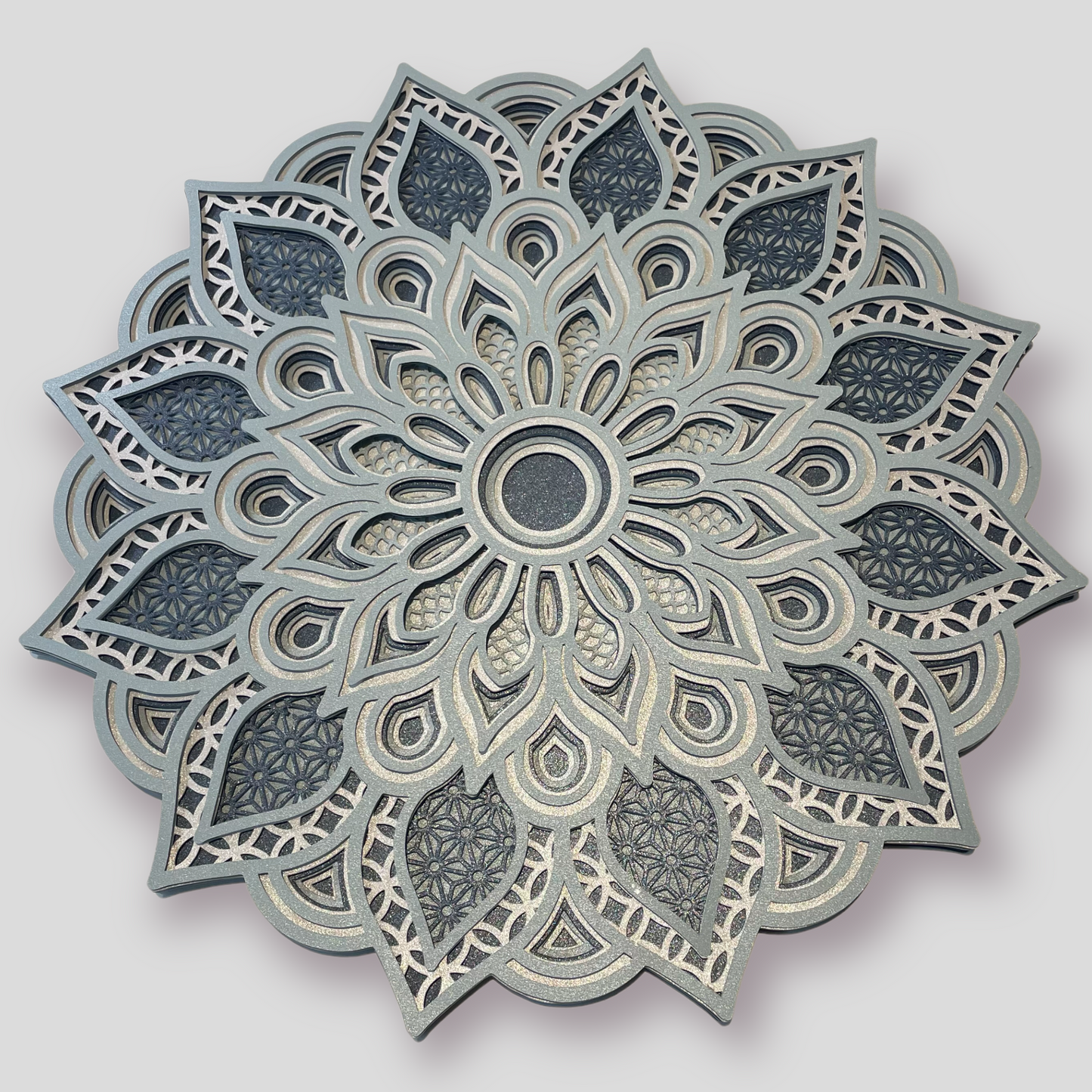 3D Layered Mandala design.  This is an instant download file SVG AI JPEG DXF EPS PNG formats included for all your Cricut Crafting Needs.  Layers of this 3d Mandala can be used separately and sized up for larger Laser cutters.  Check out all the 3d layered Mandala designs by Home Stitchery Decor.