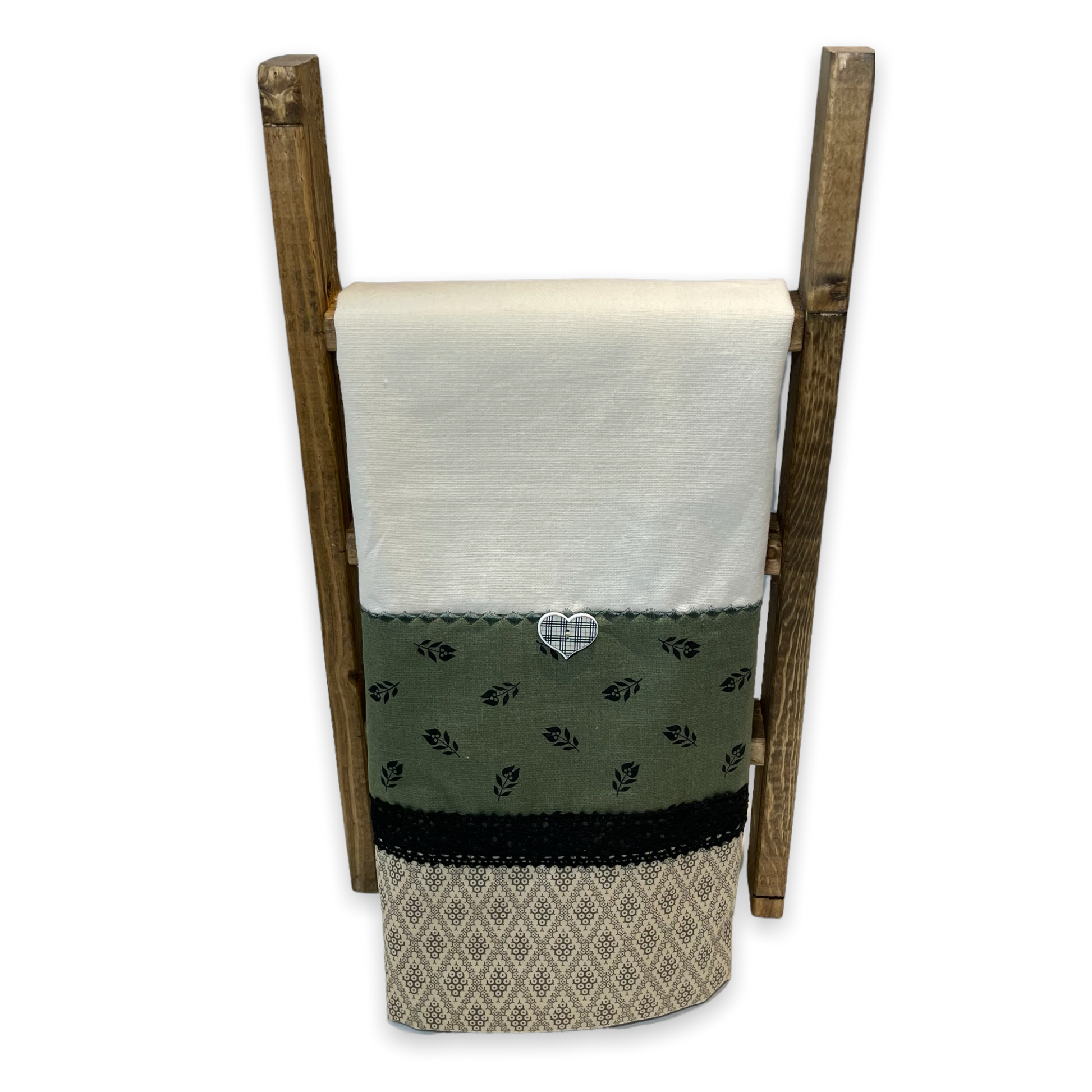 Vintage styled farmhouse dish towel. Cream cotton towel with green quilting cotton accents. Featuring black cotton lace trim, a gingham button and embroidery stitching. Part of a mix and match collection, browse your favorites! Then check out the Home Stitchery Decor YouTube Channel for more fabulous Farmhouse Fun DIY
