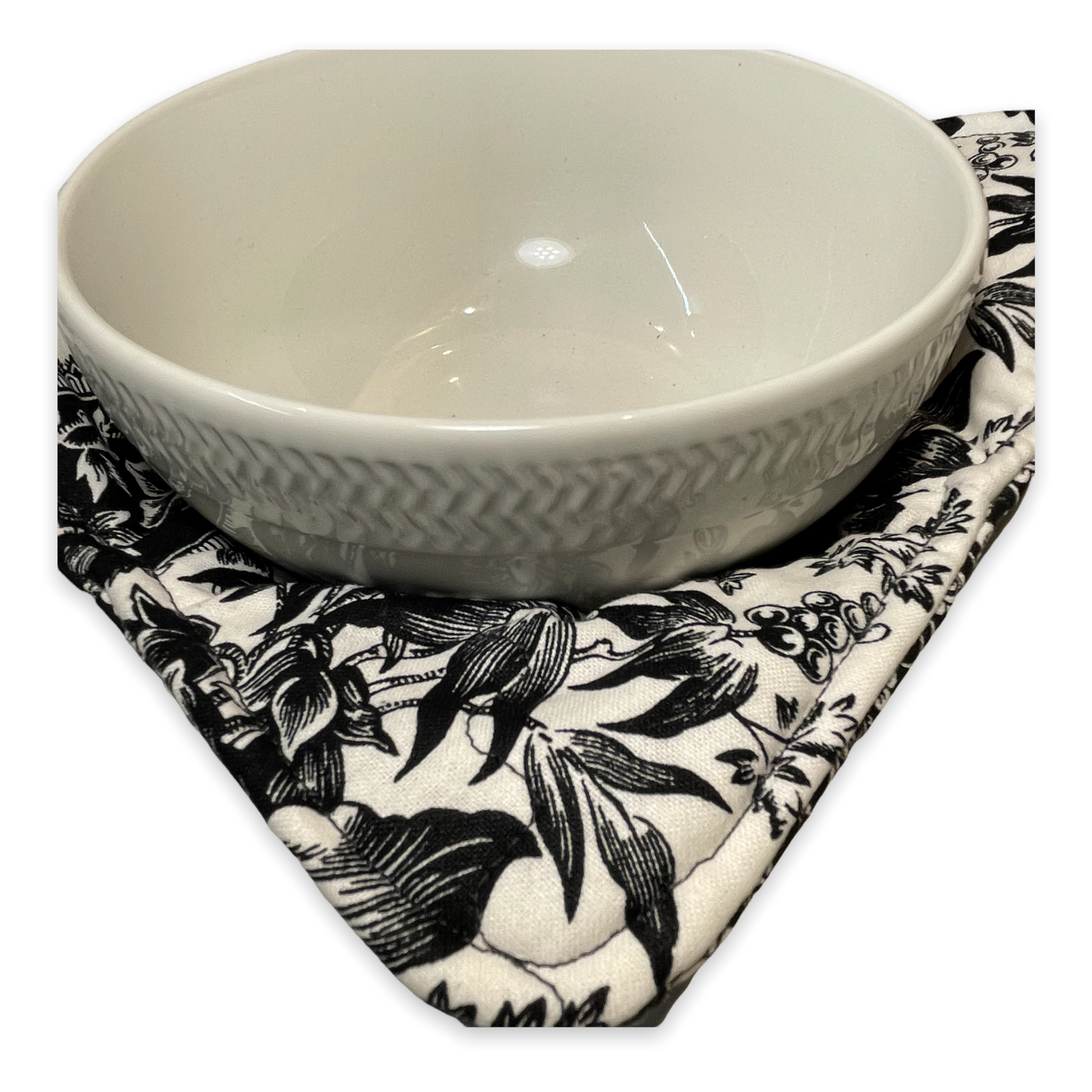 Soup bowl Cozy. Microwave Bowl Cozy. Reversible soup bowl Cozy. Shop the mix and match collection of handcrafted farmhouse style linens. Or follow along on the Home Stitchery Decor YouTube Channel Soup Bowl Cozy sewing tutorial. Made with 100% quilting cotton, Pellon Wrap and Zap batting and 100% cotton thread. Black and white flowered soup cozy.