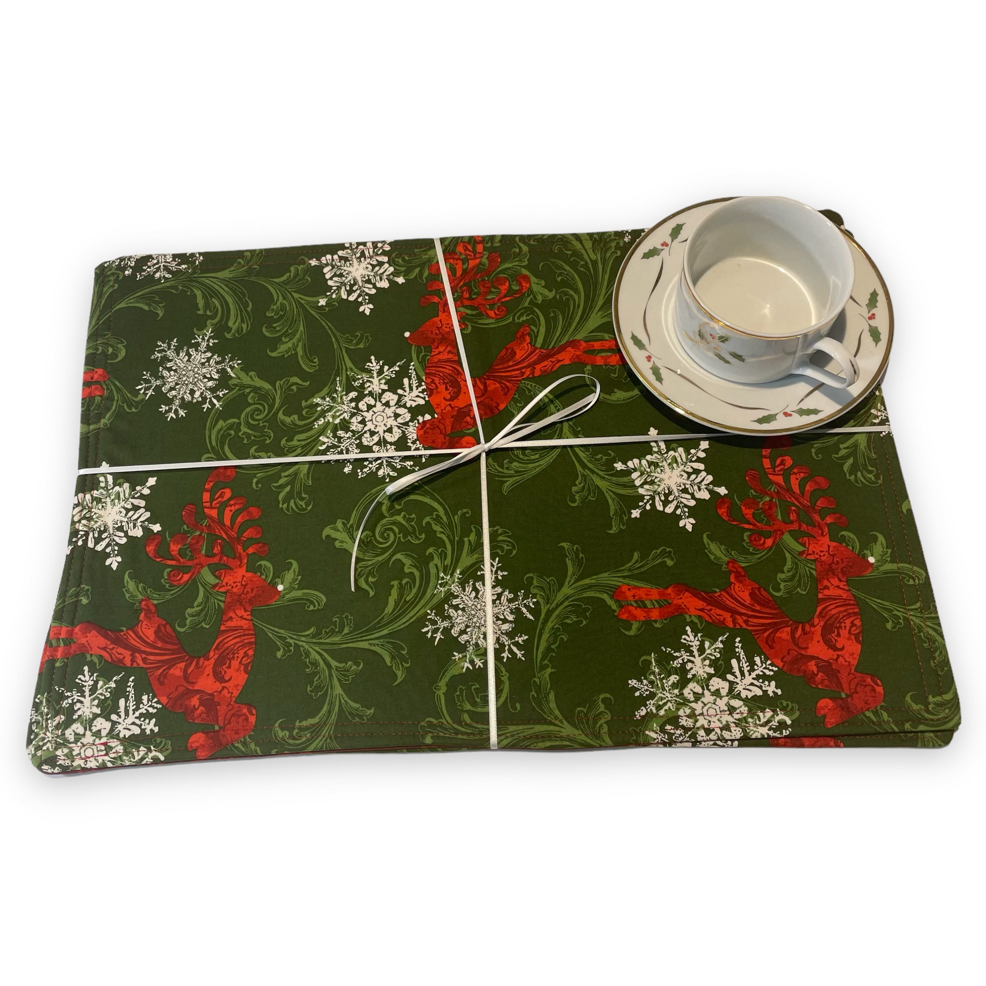 Two Christmas Reindeer Placemats, Christmas Kitchen Table Placemats, Christmas Dinner Table Decor - Home Stitchery Decor