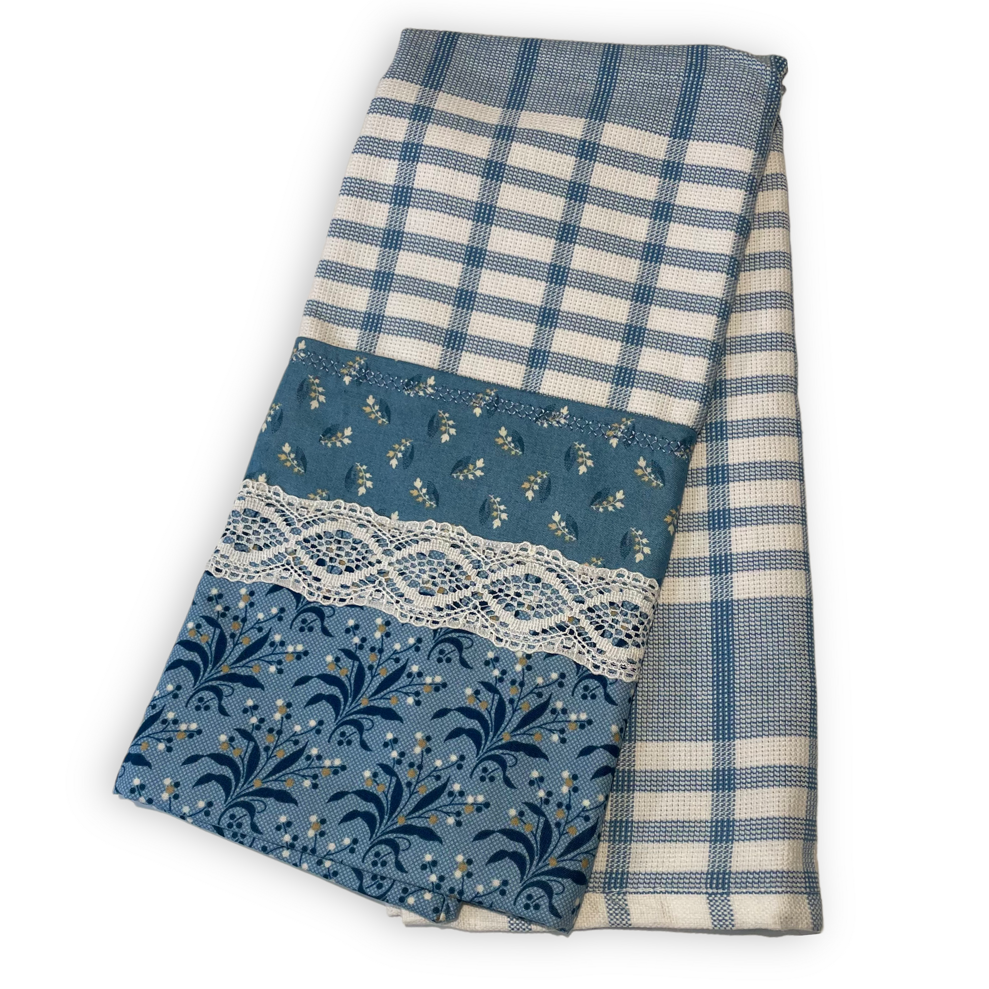 Blue and White Handmade Modern Farmhouse Tea Towel. Part of a mix and match collection of coordinating farmhouse home decor. Check it out at Home Stitchery Decor and be sure to check out the Home Stitchery Decor YouTube Channel
