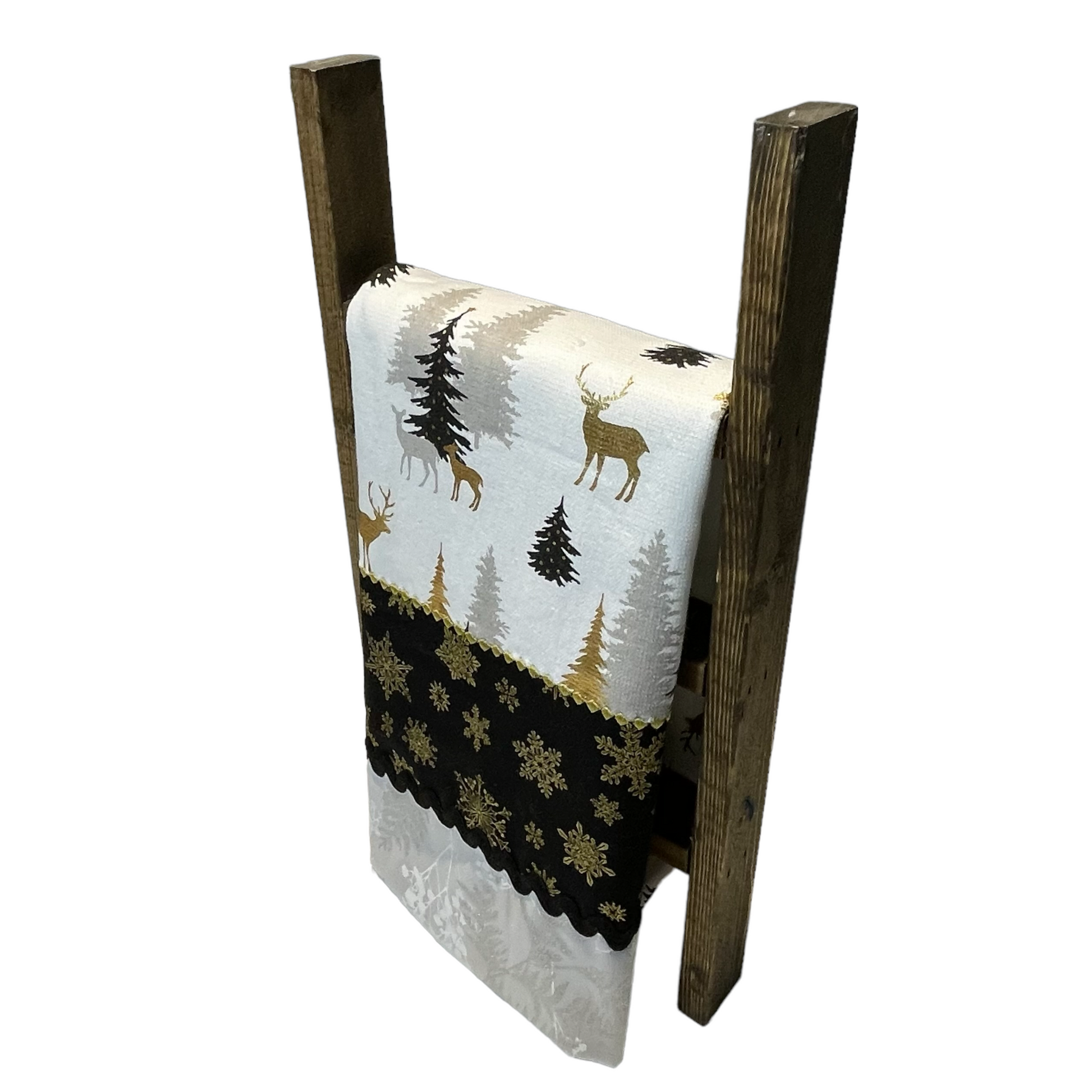 Black and Gold Christmas Dish Towel Featuring Reindeer, Christmas Trees and Snowflakes.  Part of a mix and match collection of decor.  Shop the look at Home Stitchery Decor and be sure to pop over to the Home Stitchery Decor YouTube Channel.