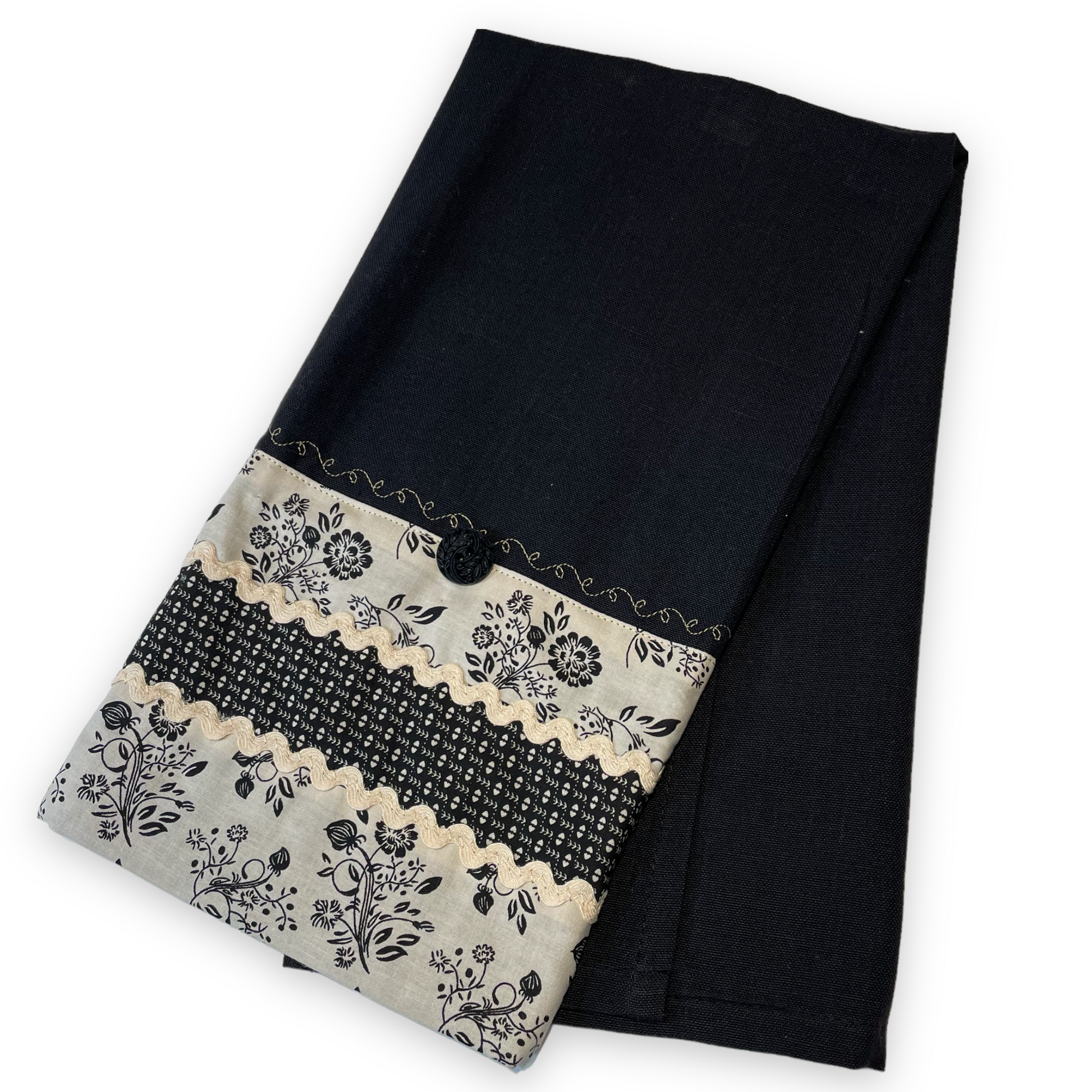 Vintage Black and Cream Handcrafted Kitchen Dish Towel, Farmhouse Tea Towel - Home Stitchery Decor