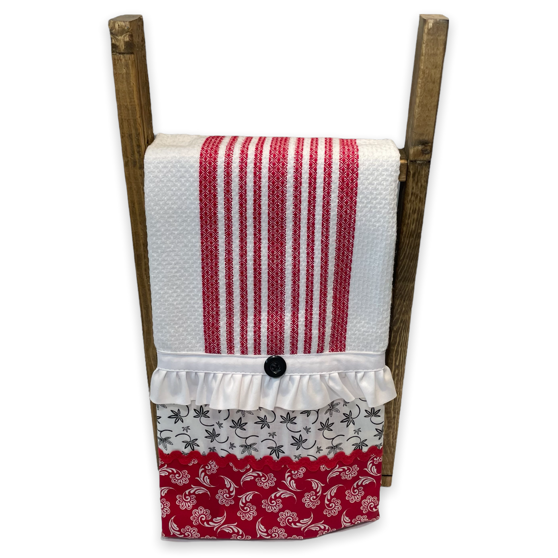 Red and white country style dish towel. Featuring red and white checked toweling; red white and black quilt cotton accents and white cotton lace trim and a double button embellishment. Part of a mix and match collection of coordinated farmhouse fabulous decor. Browse the collections and be sure to check out the Home Stitchery Decor YouTube Channel.