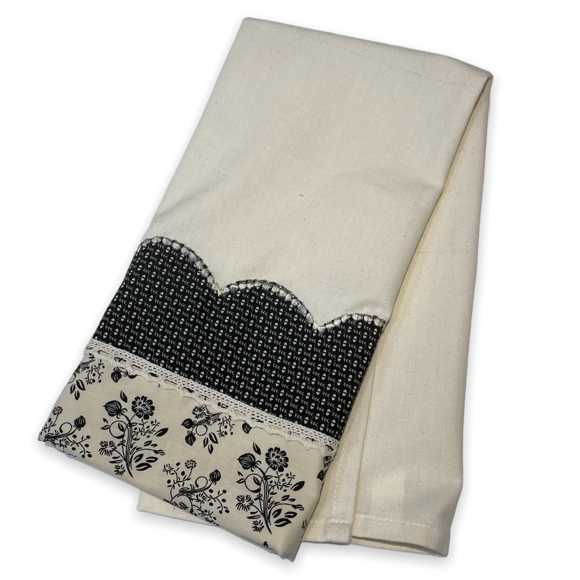 Cream Cotton Modern Farmhouse Dish Towel. Black Floral Tea Towel. - Home Stitchery Decor