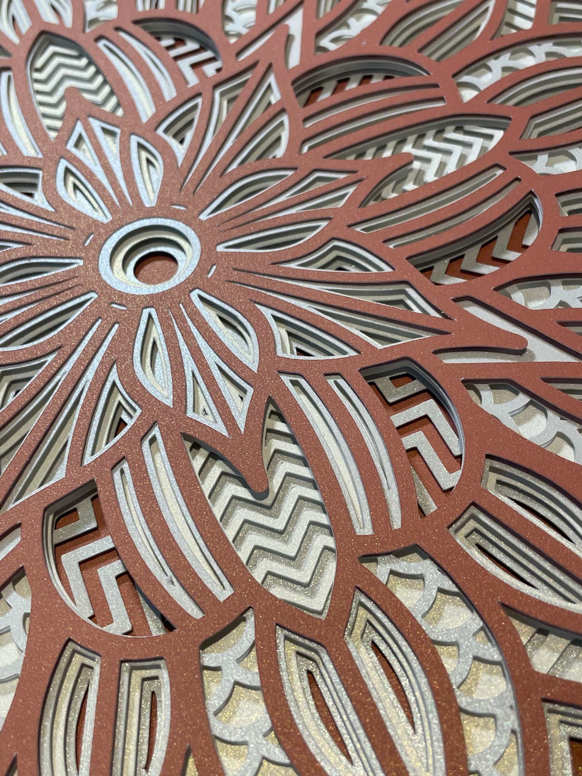 Close up view of 3d layered Mandala SVG Design by Home Stitchery Decor.  Find all your favorite intricate 3d layered Mandala designs on our website.  Follow along with our complete Cricut Mandala 3d designs. 