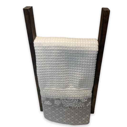 Grey Floral Modern Farmhouse Tea Towel. Decorative Dish Towel. - Home Stitchery Decor