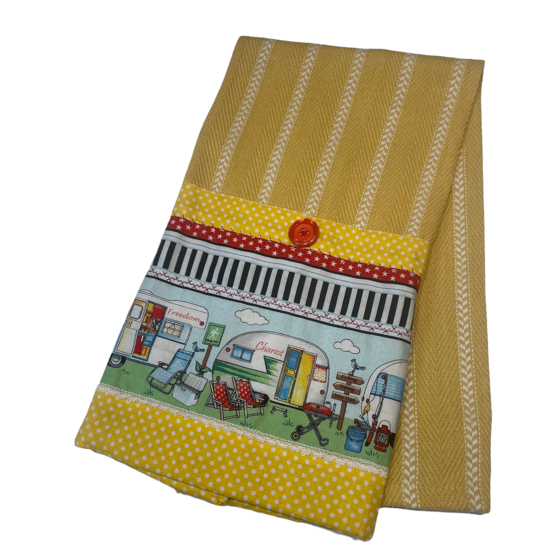 Glaming Decor Idea. Dress up your RV, Travel Trailer or Cabin with cute dish towles featuring retro campers. Yellow and white striped towel with red, white and black details. Handcrafted in Canada. Part of a collection of coordinating decor items. Shop the entire collection online. Find me at a local Farmers Market or follow along on the Home Stitchery Decor YouTube Channel. 