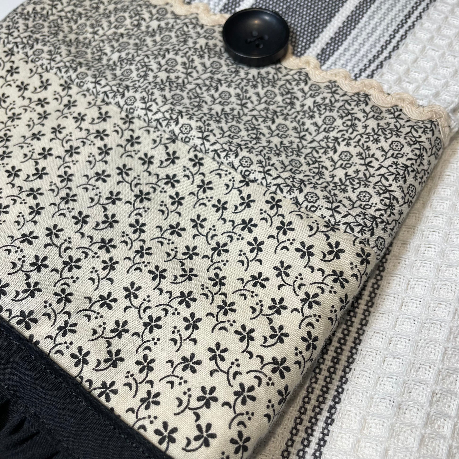 Vintage Black and Cream Kitchen Dish Towel, Handcrafted Tea Towel - Home Stitchery Decor