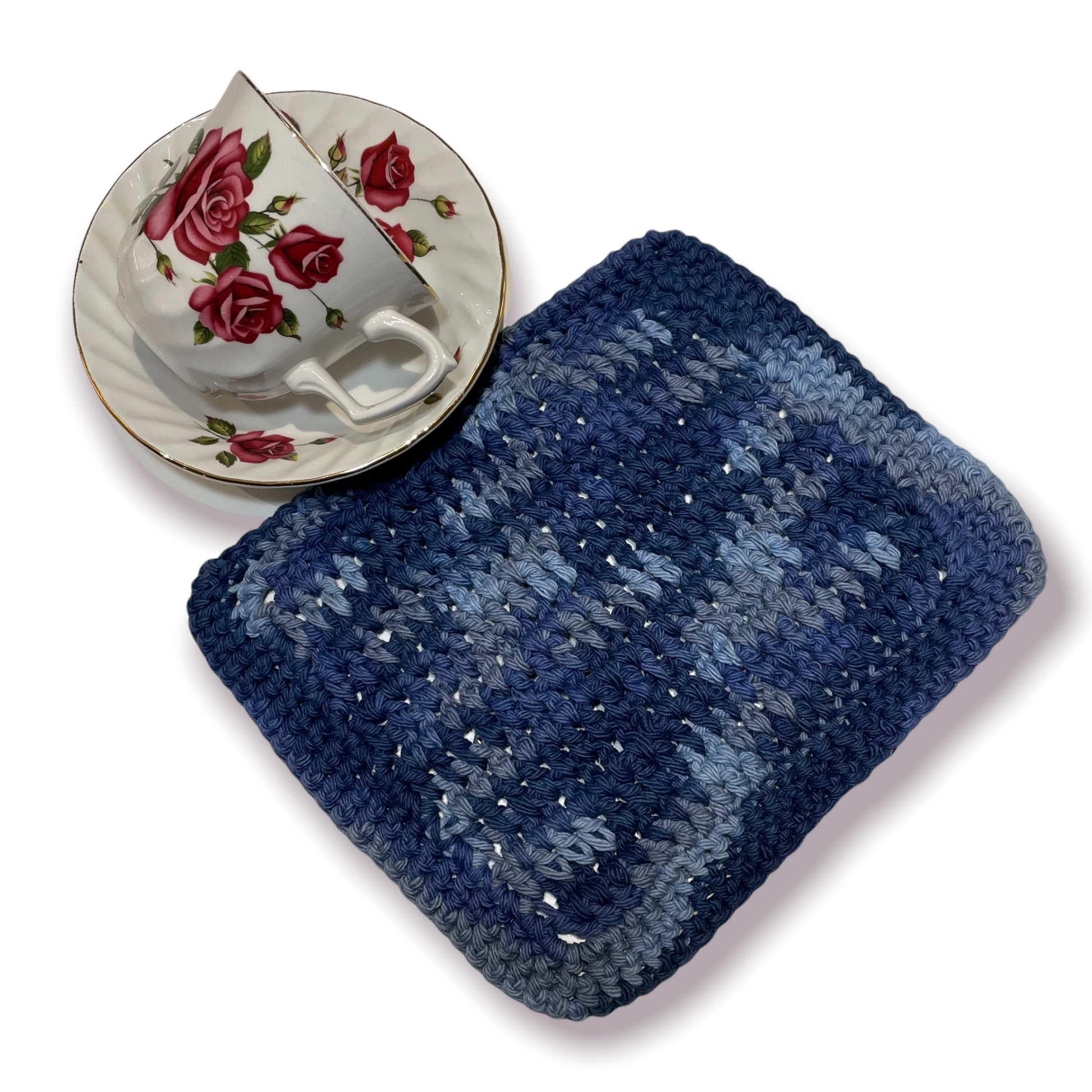Crotched Cotton Wash Cloth. Farmhouse style kitchen dish cloth handcrafted in Canada. Part of a collection of coordinating kitchen lines and art. Mix and match your favorite cottage core home decor. Or follow along on the Home Stitchery Decor YouTube Channel. Navy Blue Crotched Cotton Dish Cloth 