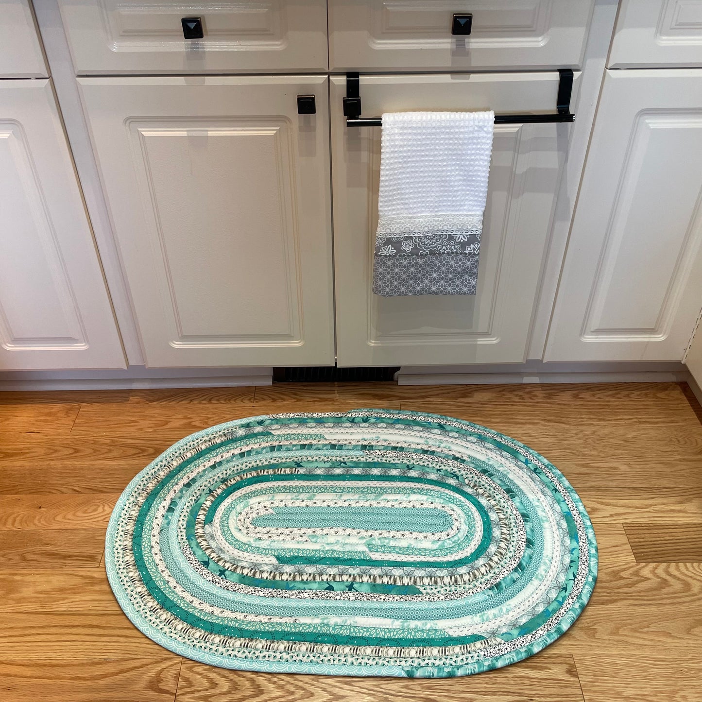 Teal and Black Kitchen Accent Rug, Washable Kitchen Mat or Luxury Bathmat - Home Stitchery Decor