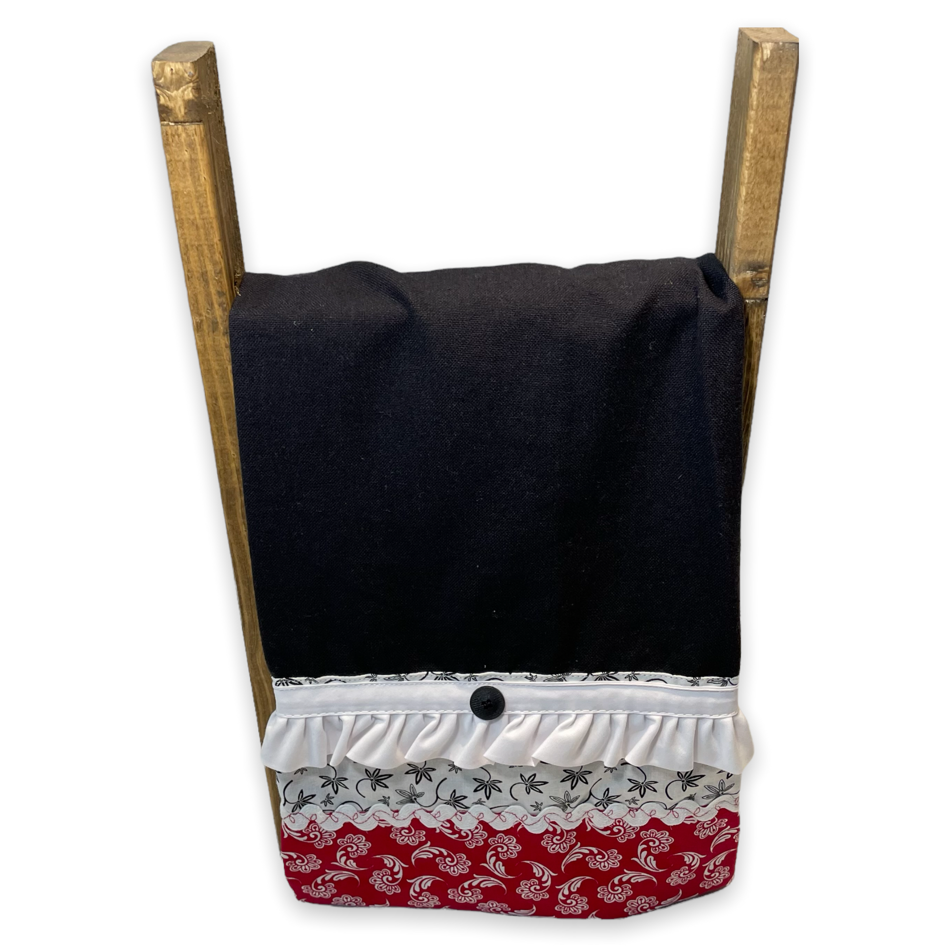 Modern Farmhouse Dish Towel. Black cotton toweling with red white and black quilting cotton accents. Featuring frilled broadcloth, Ric Rac, embroidery stitching and a button. Part of a mix and match collection of handcrafted modern farmhouse decor. Browse your favorites and follow along on the Home Stitchery Decor YouTube Channel.