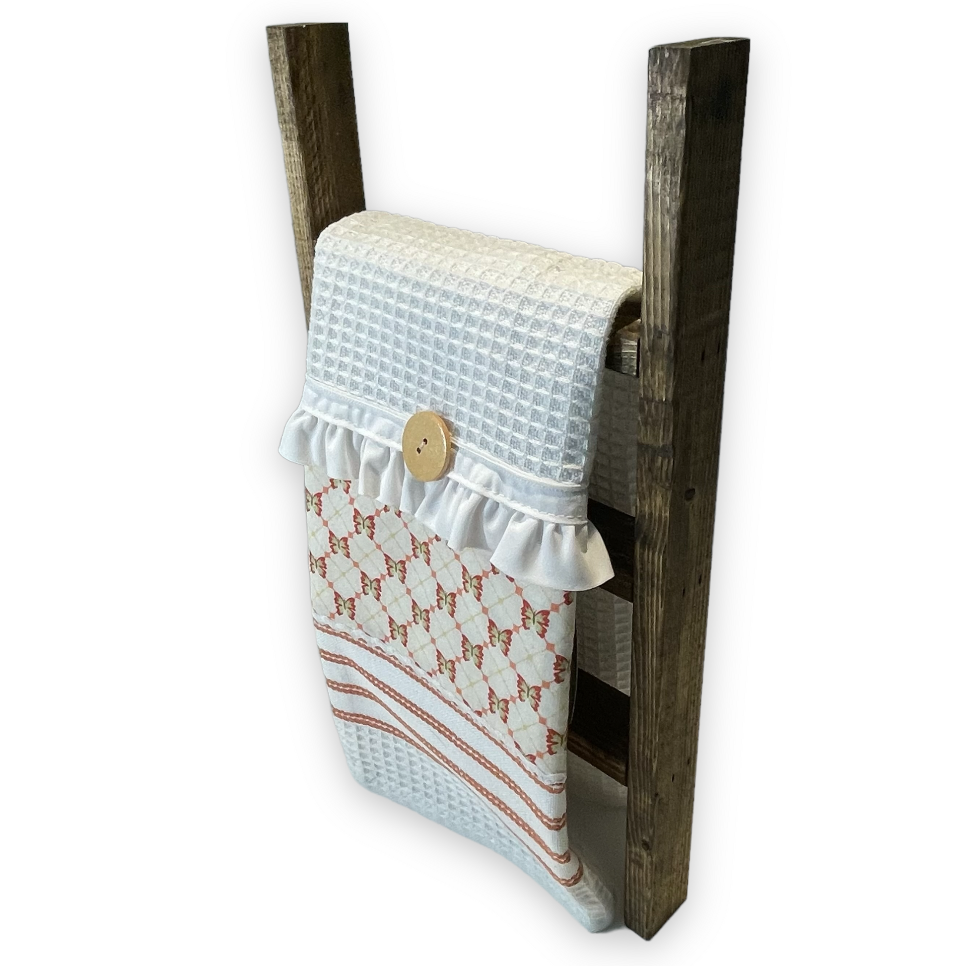 Modern Farmhouse Kitchen Tea Towel With Handcrafted Accents. Orange and White Kitchen Dish Towel - Home Stitchery Decor