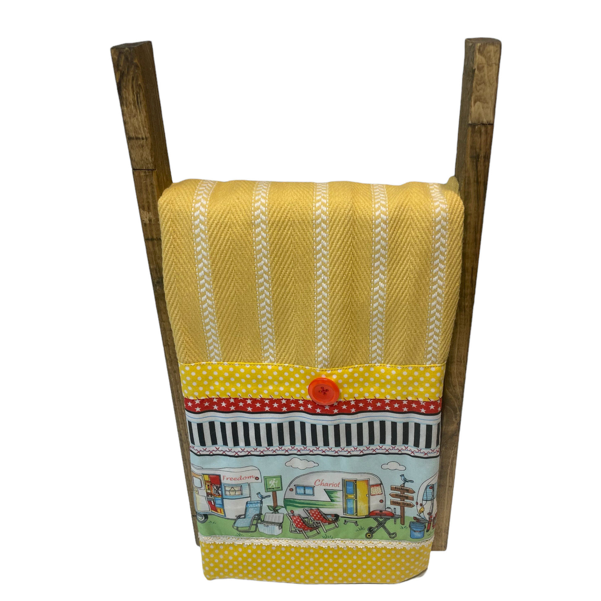 Glaming Decor Idea. Dress up your RV, Travel Trailer or Cabin with cute dish towles featuring retro campers. Yellow and white striped towel with red, white and black details. Handcrafted in Canada. Part of a collection of coordinating decor items. Shop the entire collection online. Find me at a local Farmers Market or follow along on the Home Stitchery Decor YouTube Channel. 