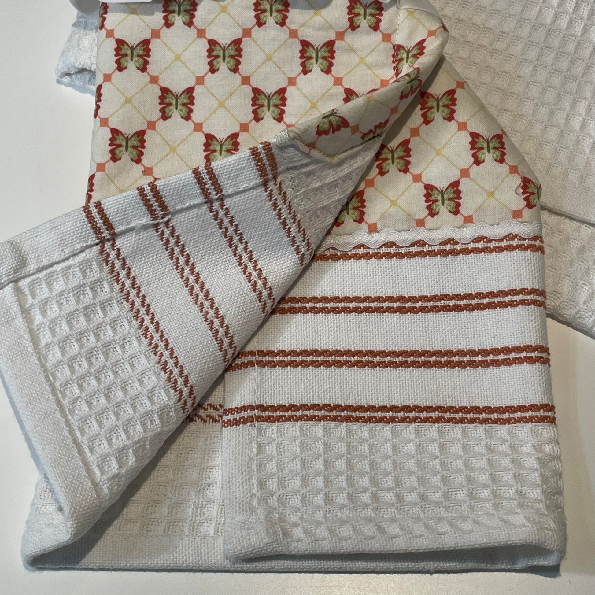 Modern Farmhouse Kitchen Tea Towel With Handcrafted Accents. Orange and White Kitchen Dish Towel - Home Stitchery Decor