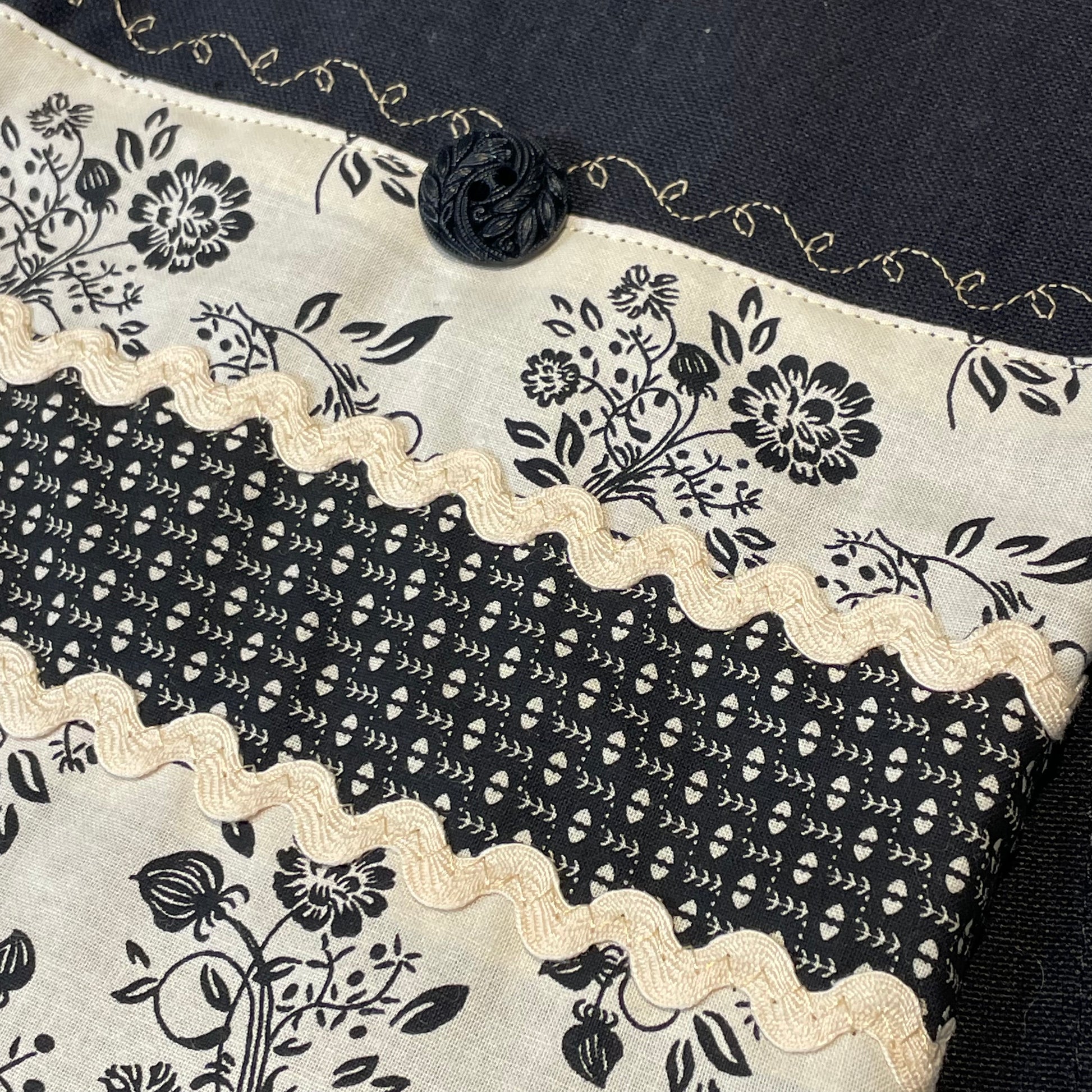 Vintage Black and Cream Handcrafted Kitchen Dish Towel, Farmhouse Tea Towel - Home Stitchery Decor