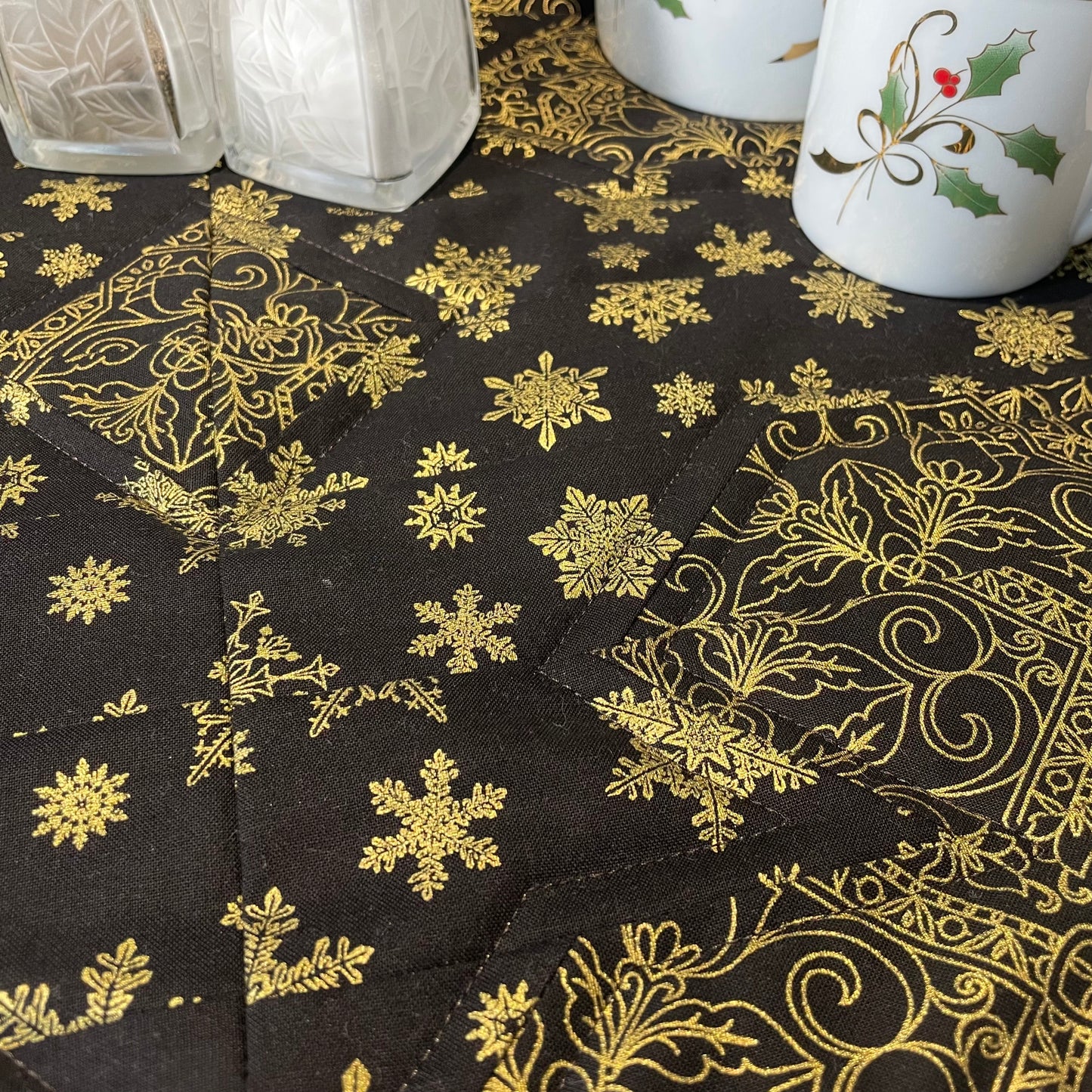 Quilted Black and Gold Christmas Table Centerpiece - Home Stitchery Decor