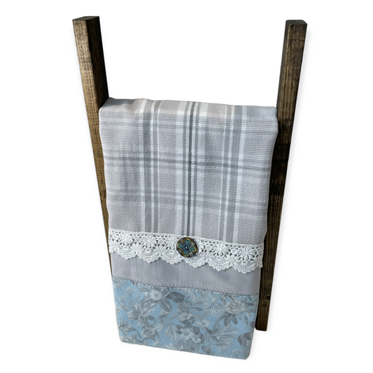 Blue and Grey White Floral Country Dish Towel | Blue Kitchen Tea Towel With Lace Trim - Home Stitchery Decor