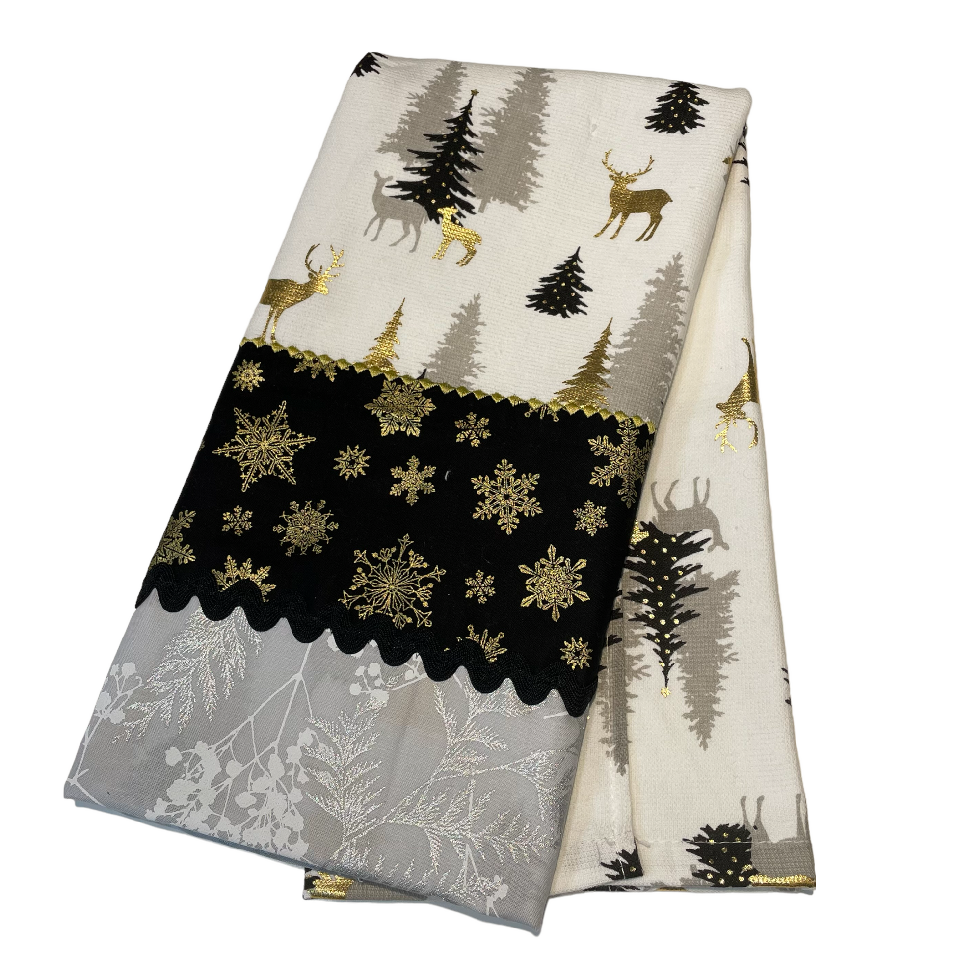 Black and Gold Christmas Dish Towel Featuring Reindeer, Christmas Trees and Snowflakes. Part of a mix and match collection of decor. Shop the look at Home Stitchery Decor and be sure to pop over to the Home Stitchery Decor YouTube Channel