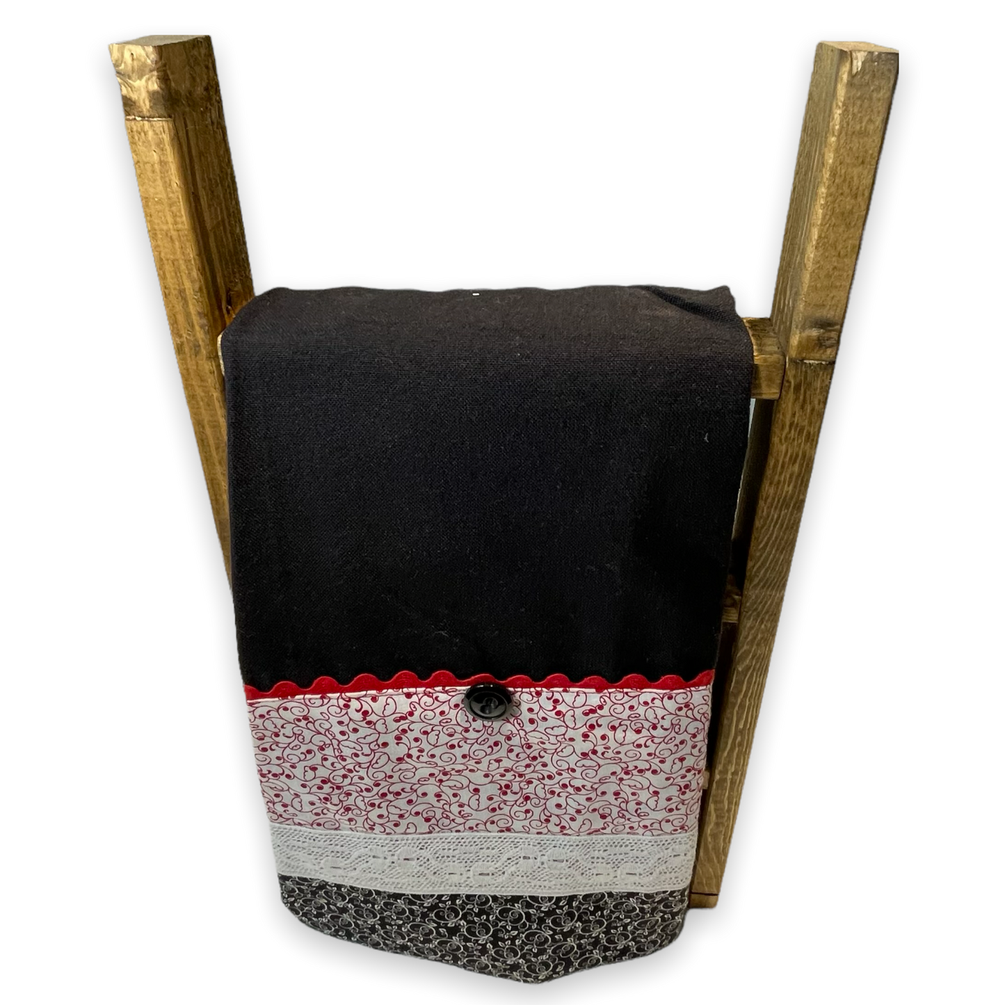 Farmhouse dish towel. Black cotton toweling with quilting cotton accents. Featuring red Ric Rac, wide white polyester lace and button embellishments. Part of a mix and match farmhemian home accents decor line. Browse all the collections online. And be sure to tune into the Home Stitchery Decor YouTube Channel for fabulous fun farmhouse DIY Decor tutorials.