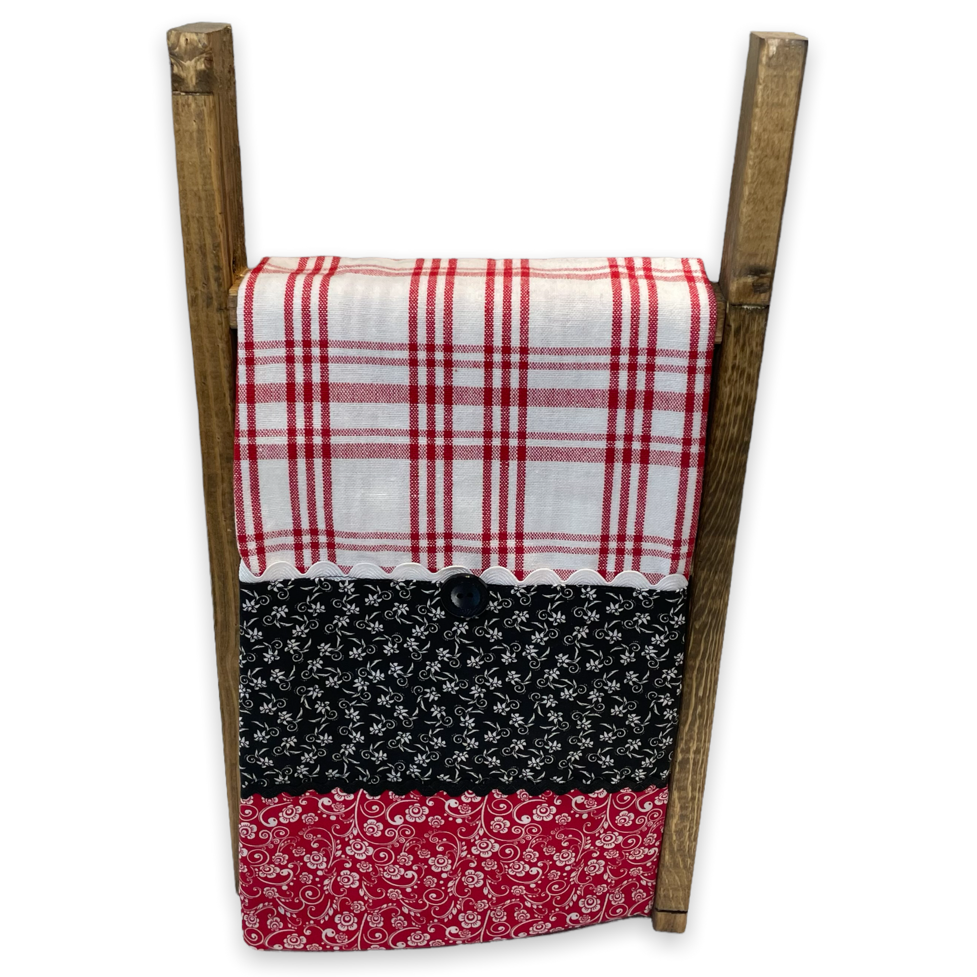 Country Style Dish Towel in Red and White check toweling with black and red quilting cotton. Featuring Black Ric Rac and button embellishments. Part of a mix and match line of farmhouse fabulous decor. Browse the entire collection. Then check out the Home Stitchery Decor YouTube Channel
