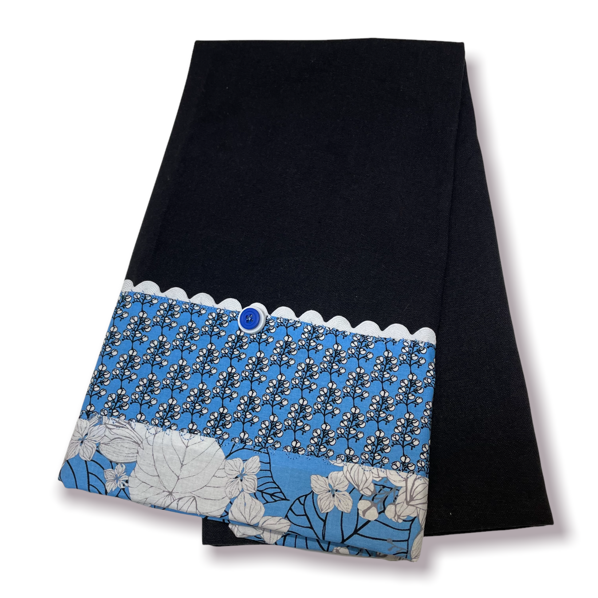 Blue and Black handcrafted in Canada Dish Towel. Featuring RicRac, Embroidery Stitching and Buttons. Shop coordinated kitchen and home decor or learn to make your own with sewing tutorials on the Home Stitchery Decor YouTube Channel. 