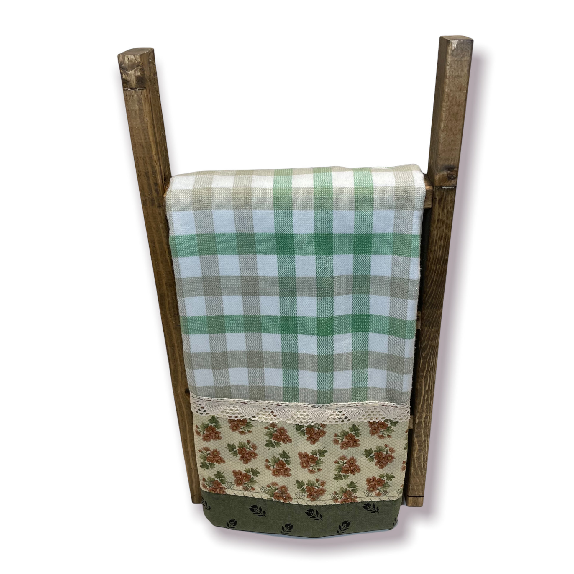 Farmhouse Dish Towel with green and white check towelins and orange and green cotton fabric decorations.  Featuring embroidery stitching and beige cotton lace trim.  Handcrafted in Canada by Home Stitchery Decor. Purchased coordinating Farmhouse Decor or follow along with tutorials on the Home Stitchery Decor YouTube Channel. 