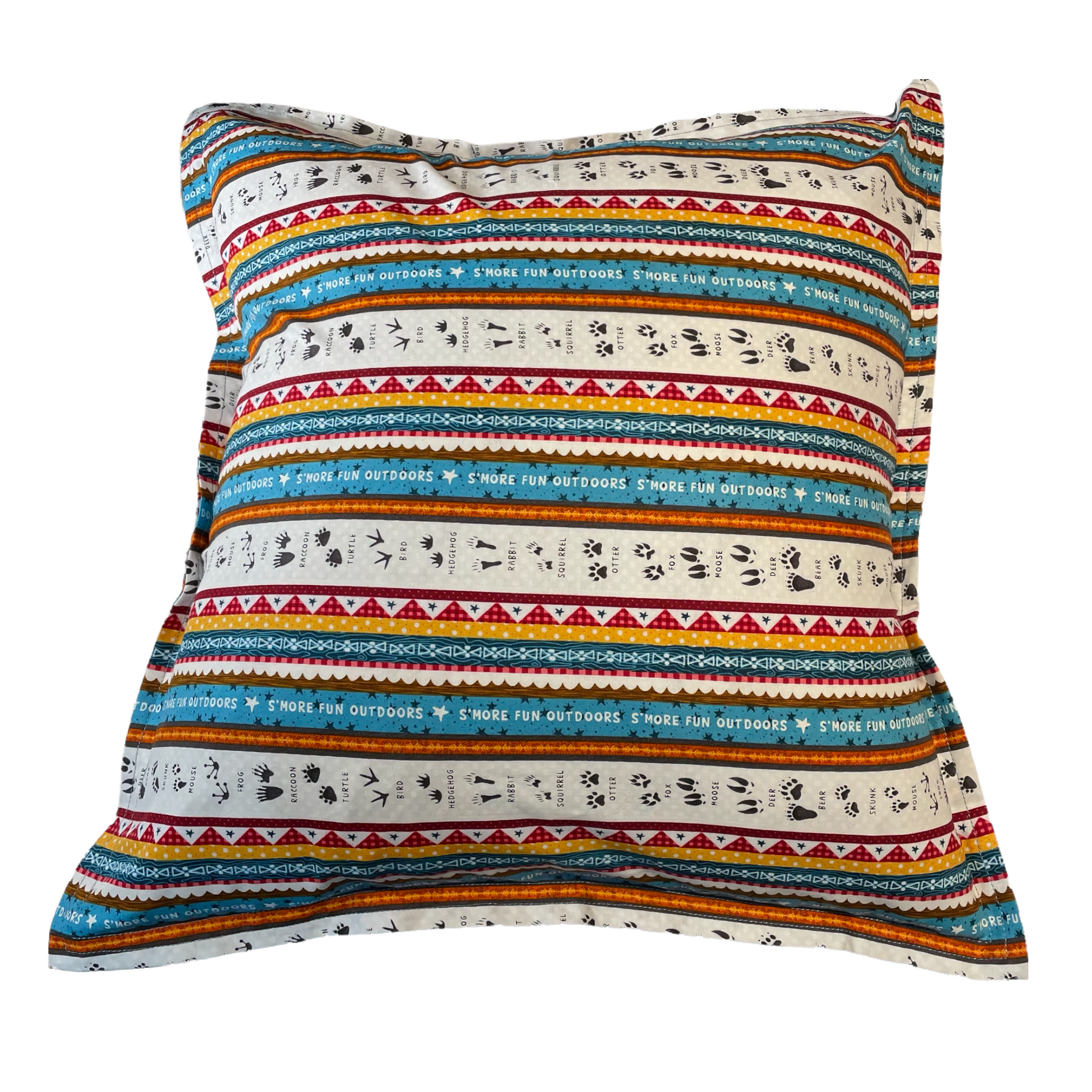 Camping Decorative Pillow for your RV, Camper Decor. Let's go camping with mix and match decor. Shop the collection and follow along on the Home Stitchery Decor YouTube Channel. Pillow in white, teal, red, yellow and black. Woodland tracks camping themed pillow.